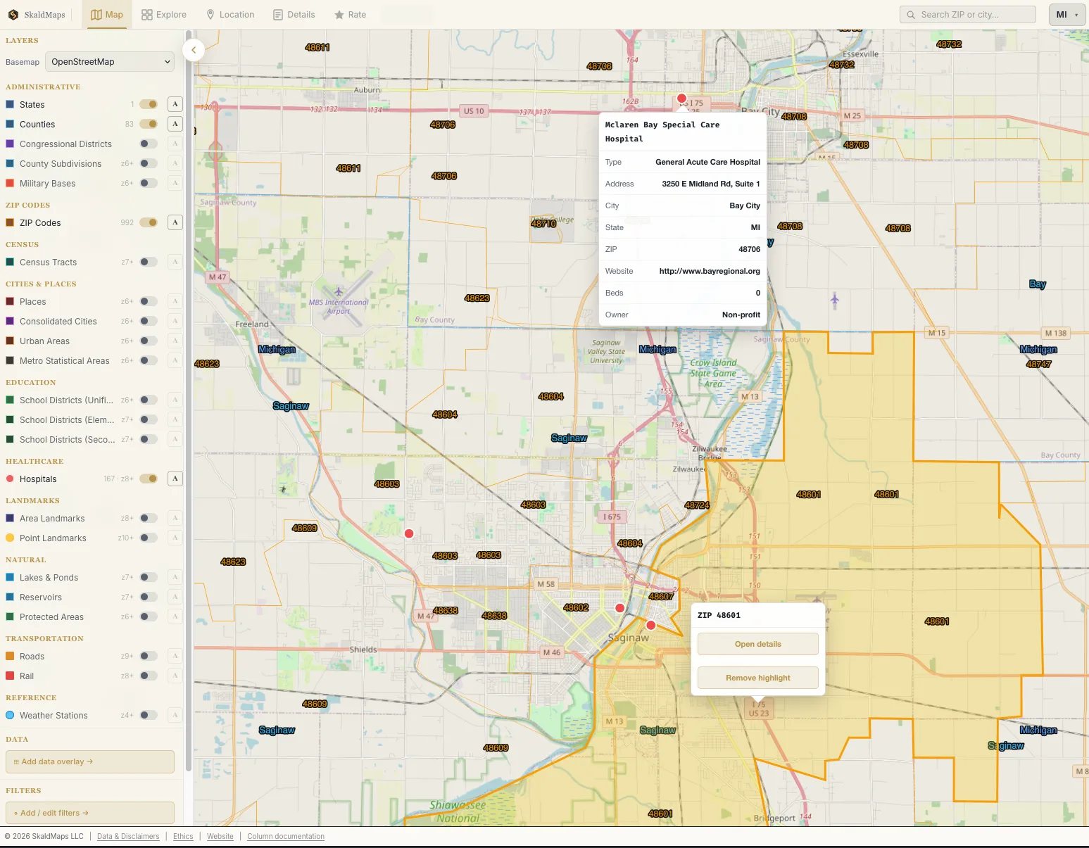 Bay City and Saginaw, connected by ZIP 48601