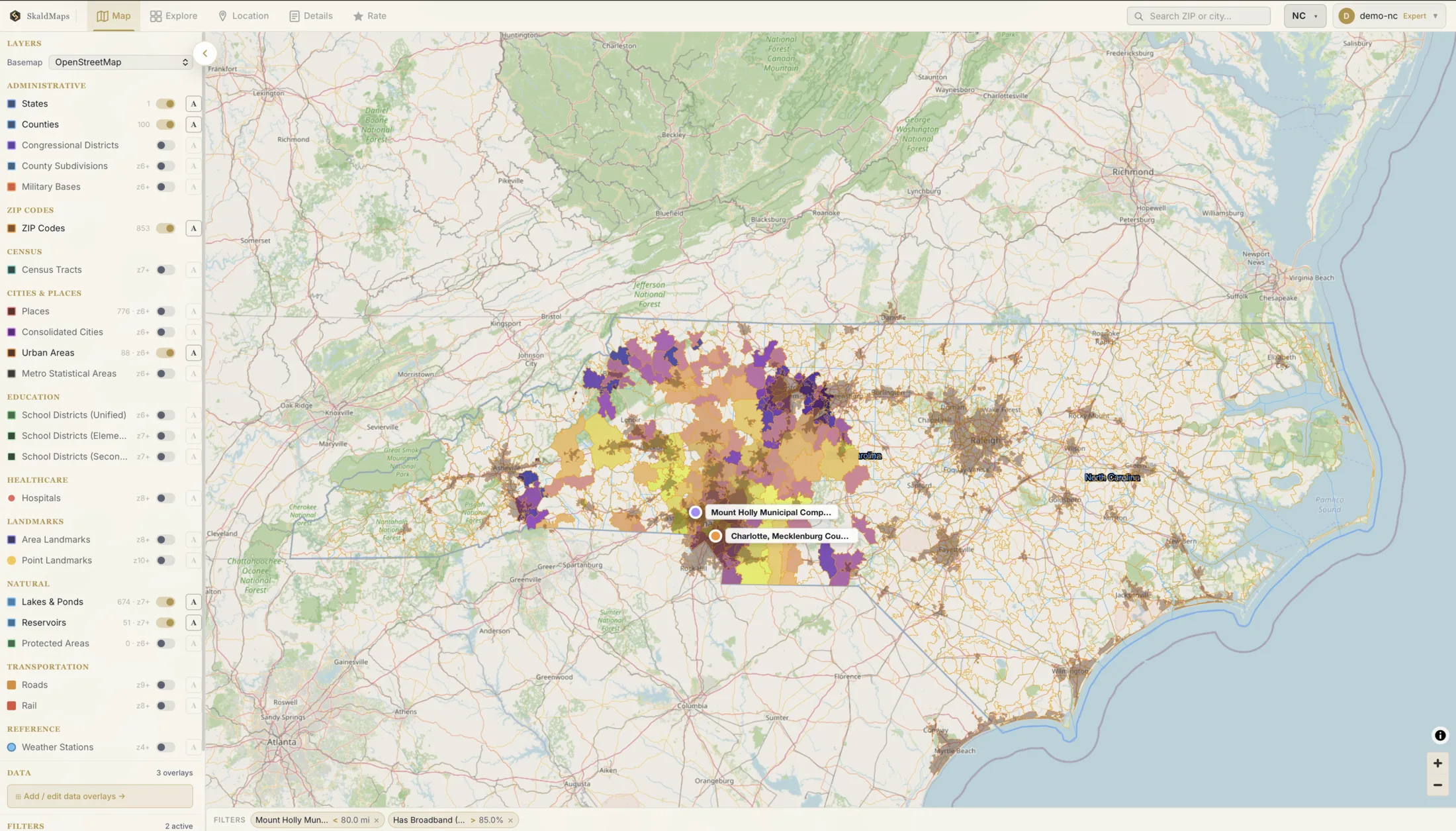 SkaldMaps map of North Carolina showing Mount Holly and Charlotte reference points with broadband and distance filters.