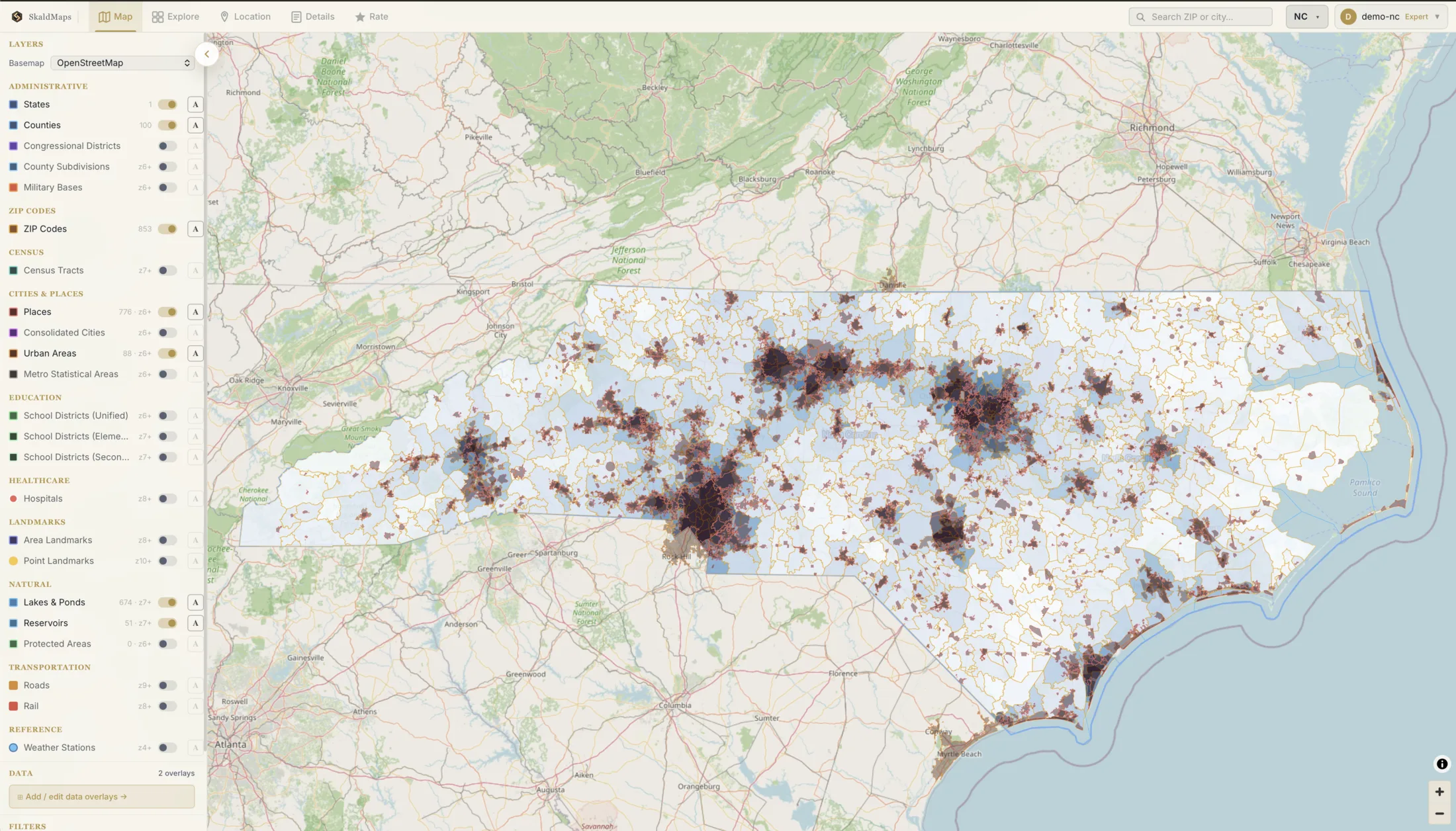 SkaldMaps map of North Carolina with statewide ZIP, place, and urban area overlays.