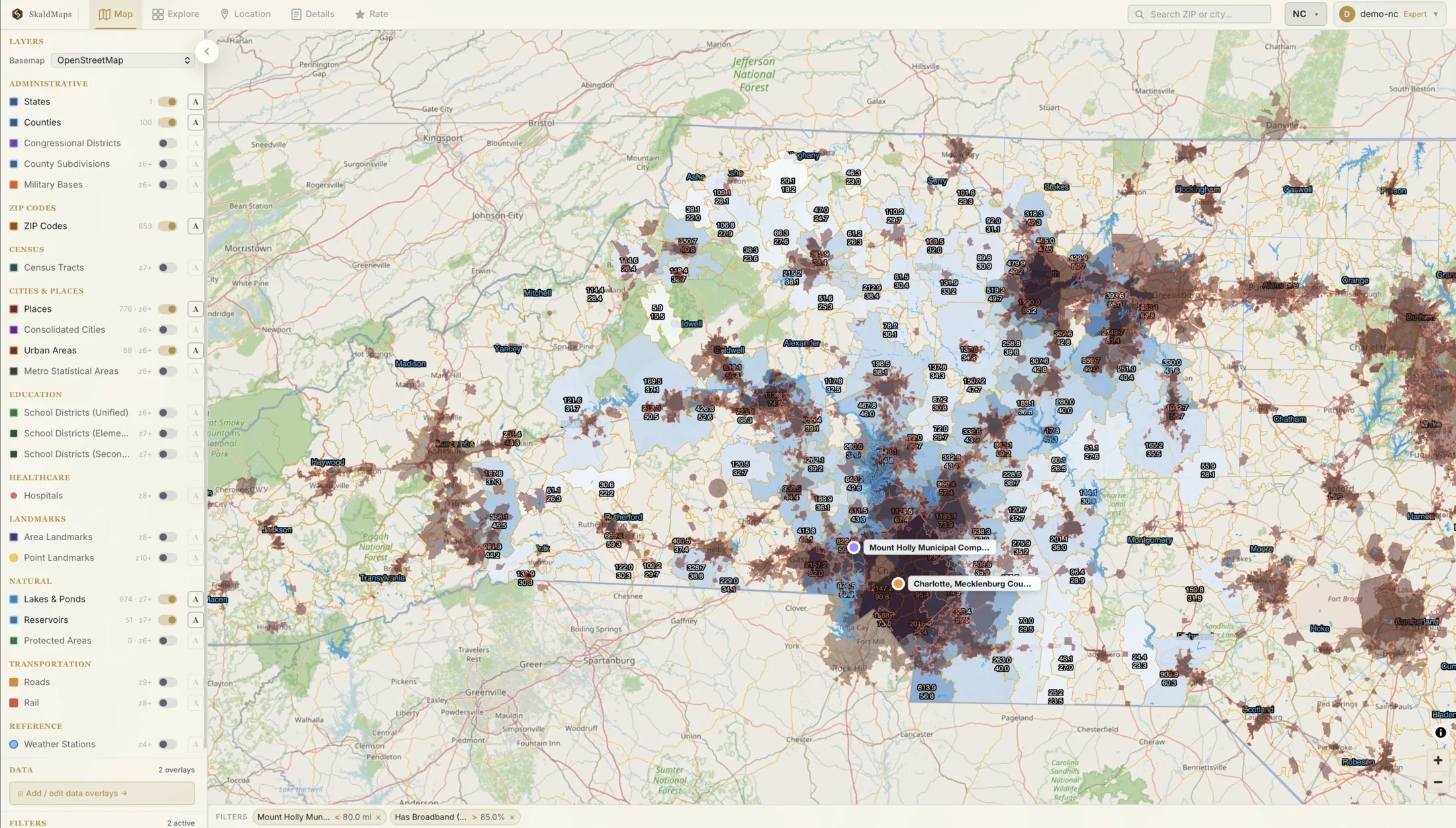 SkaldMaps map of western North Carolina with Mount Holly and Charlotte points plus distance and broadband filters.