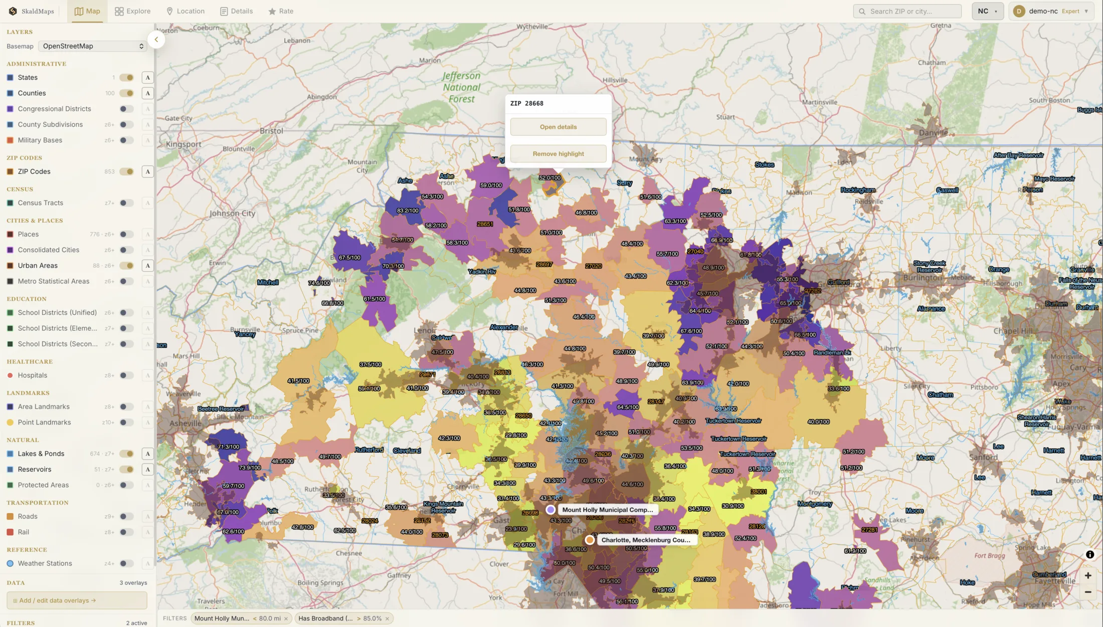 SkaldMaps map of North Carolina showing custom rating scores and highlighted ZIP 28668.