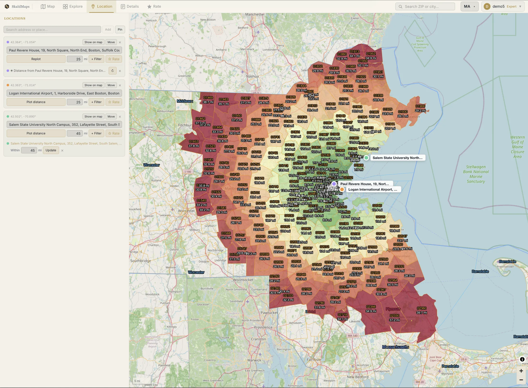 SkaldMaps location view showing Massachusetts ZIPs colored by distance from Paul Revere House, Logan Airport, and Salem State University.