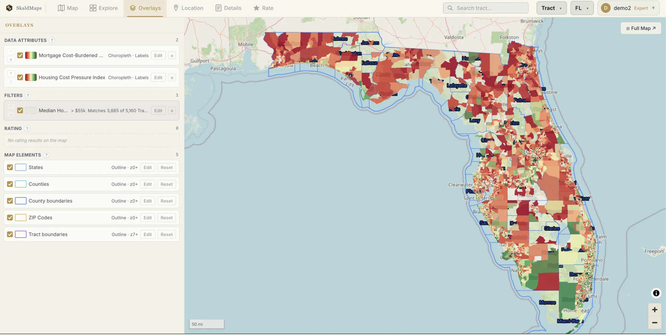 SkaldMaps explore view of Florida with median household income selected and a minimum income filter applied.