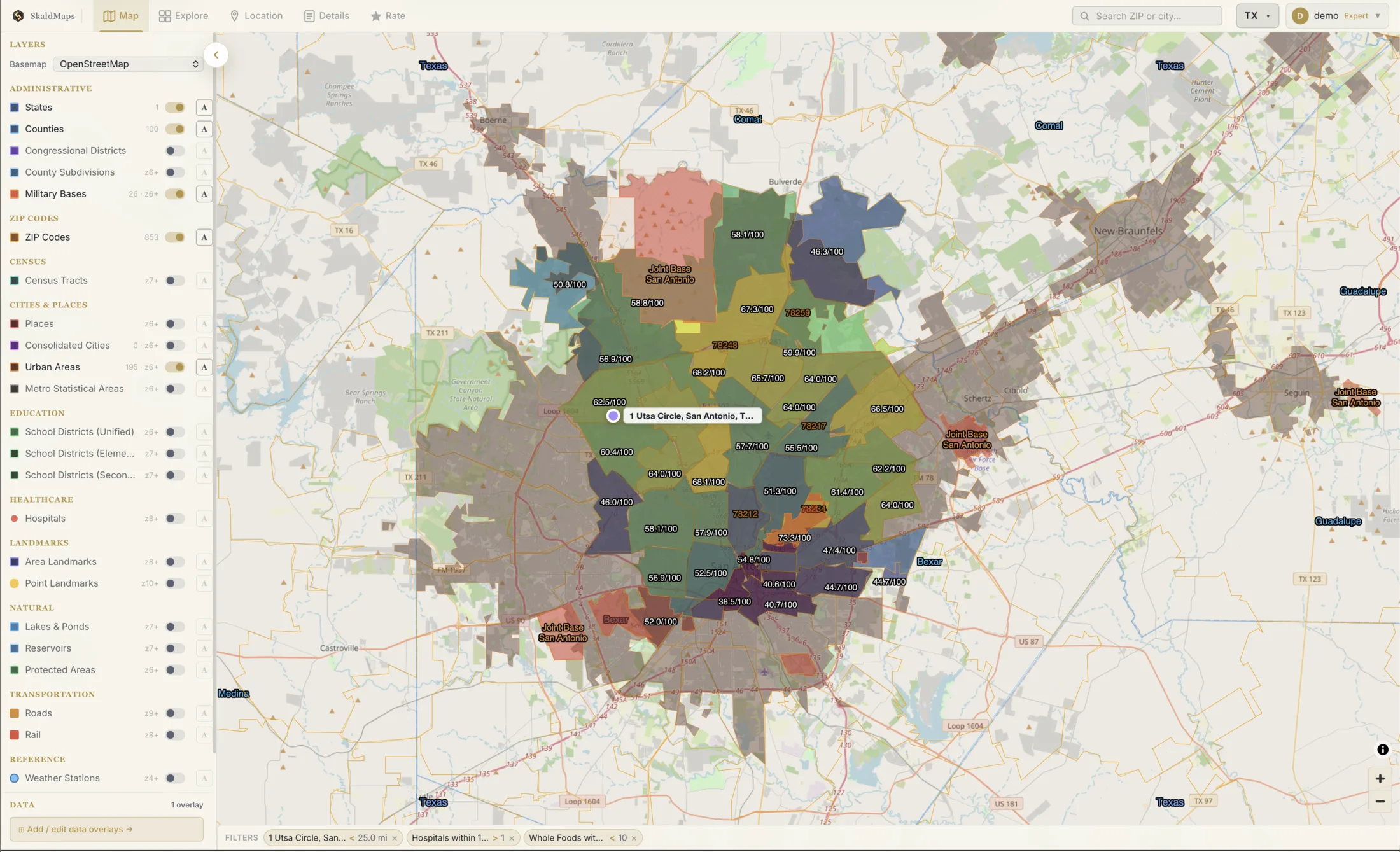 SkaldMaps map of San Antonio ZIPs with custom scores and filters for distance, hospitals, and Whole Foods access.