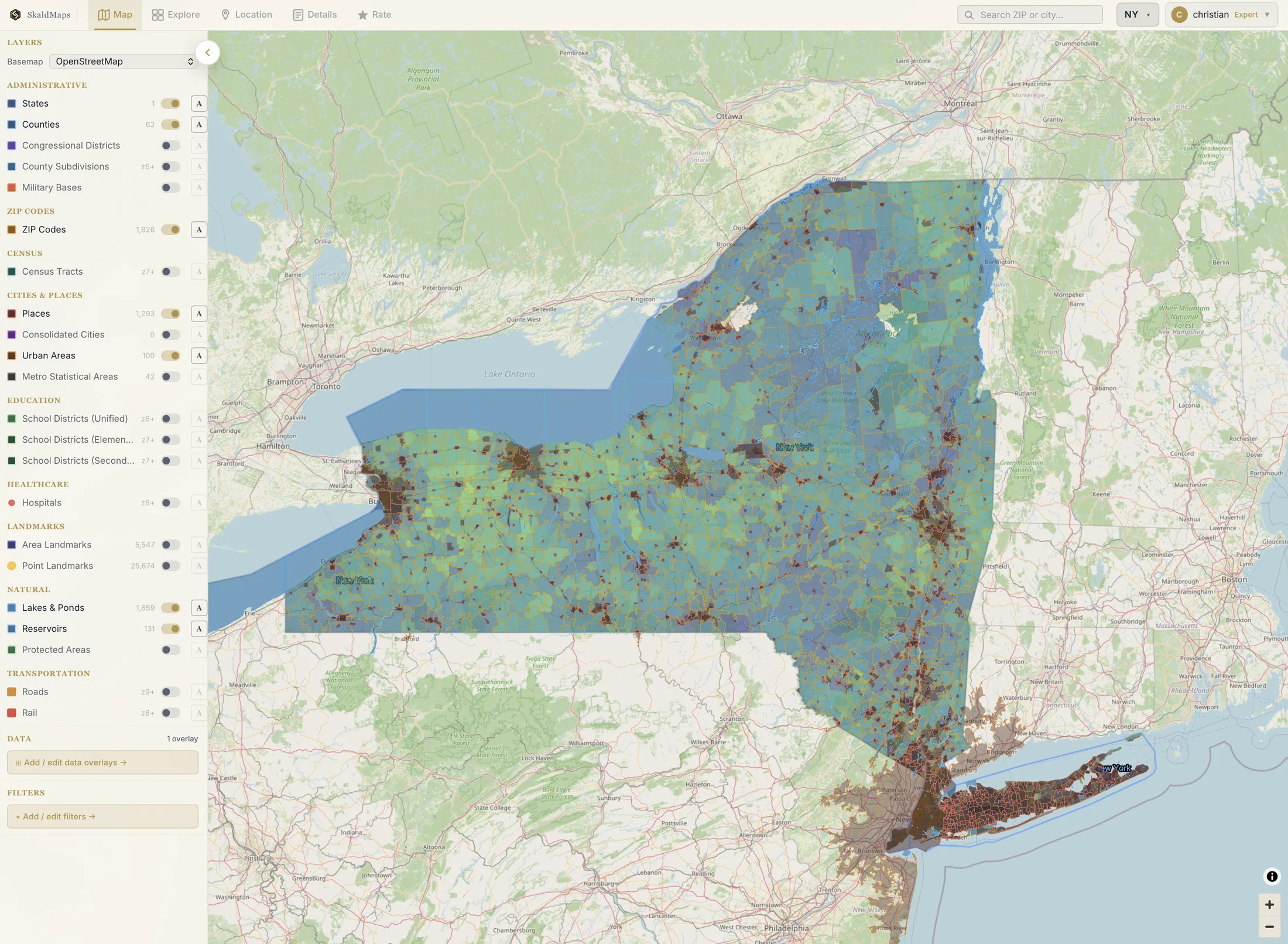 SkaldMaps map workspace showing ZIP-level data overlays across New York.
