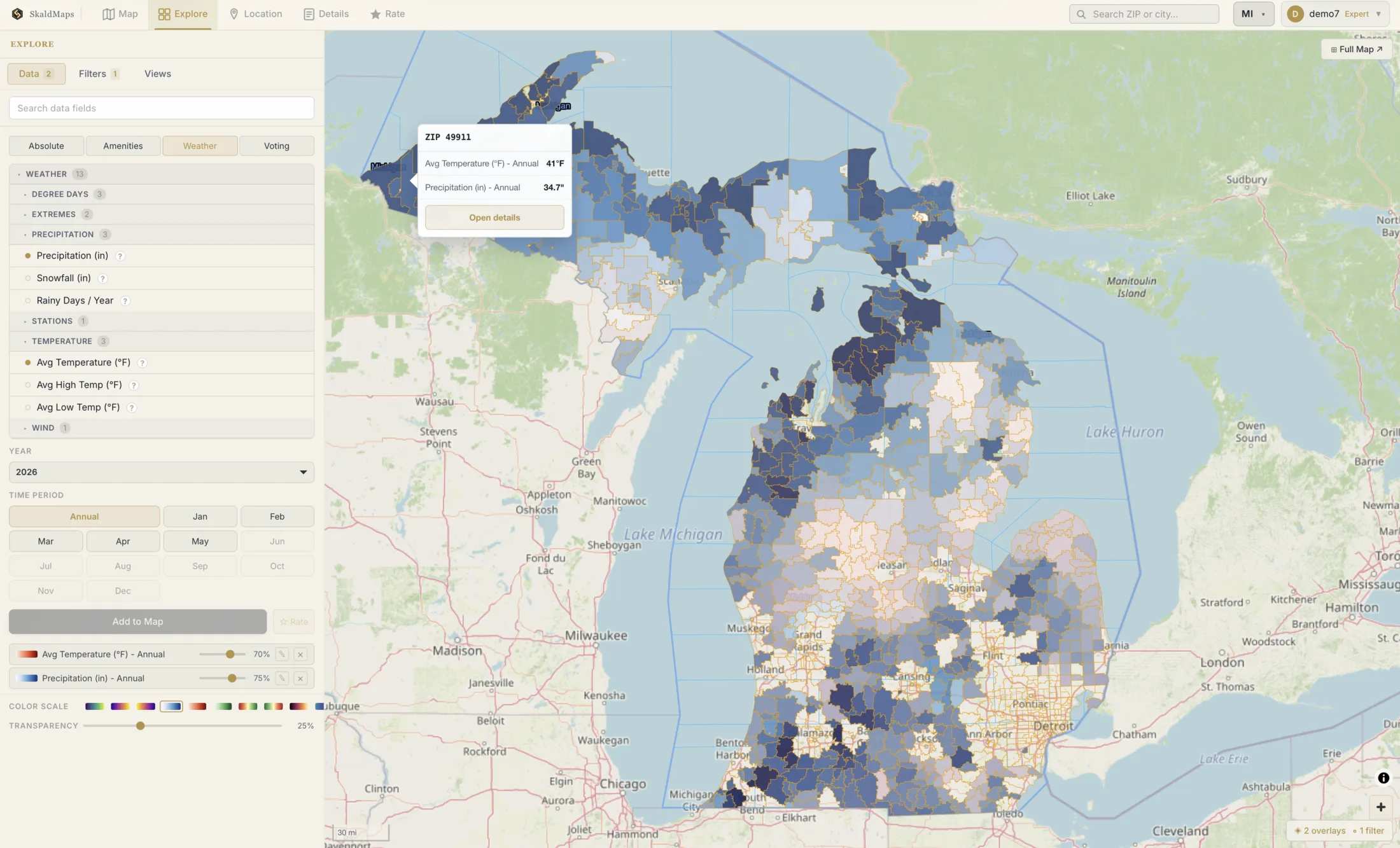 SkaldMaps explore view of Michigan showing annual average temperature and precipitation overlays with weather time controls.