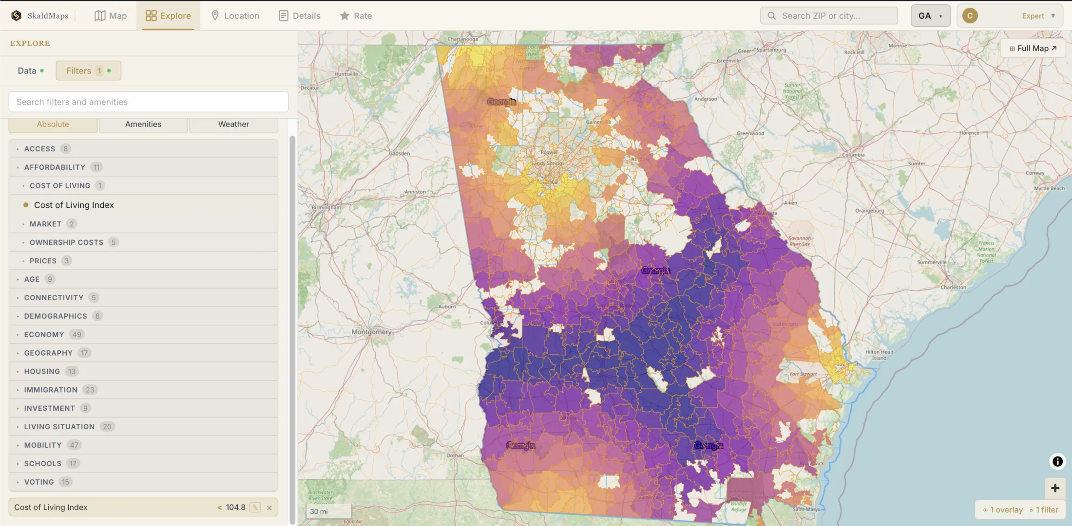 SkaldMaps explore view of Georgia with a cost-of-living index overlay and a cost-of-living filter applied.