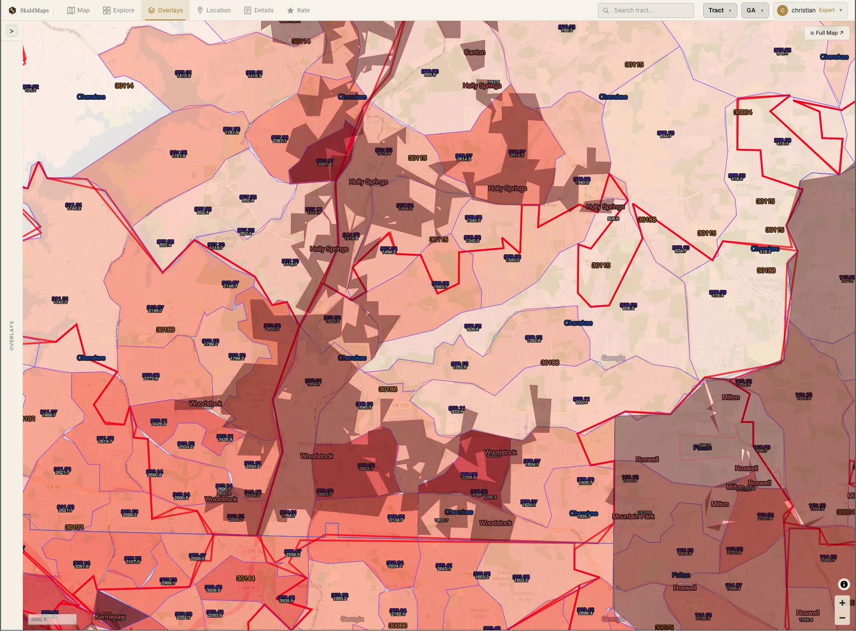 Woodstock, GA population density by tract