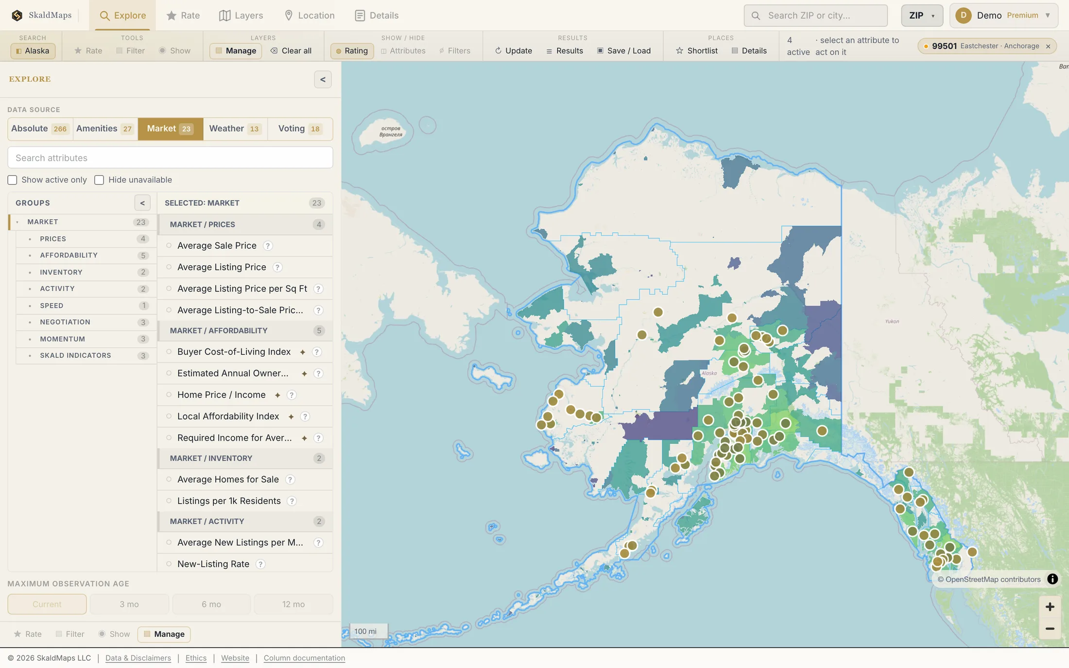 SkaldMaps showing Alaska ZIP codes scored by a sample home-search model for schools, rent, healthcare access, and broadband.