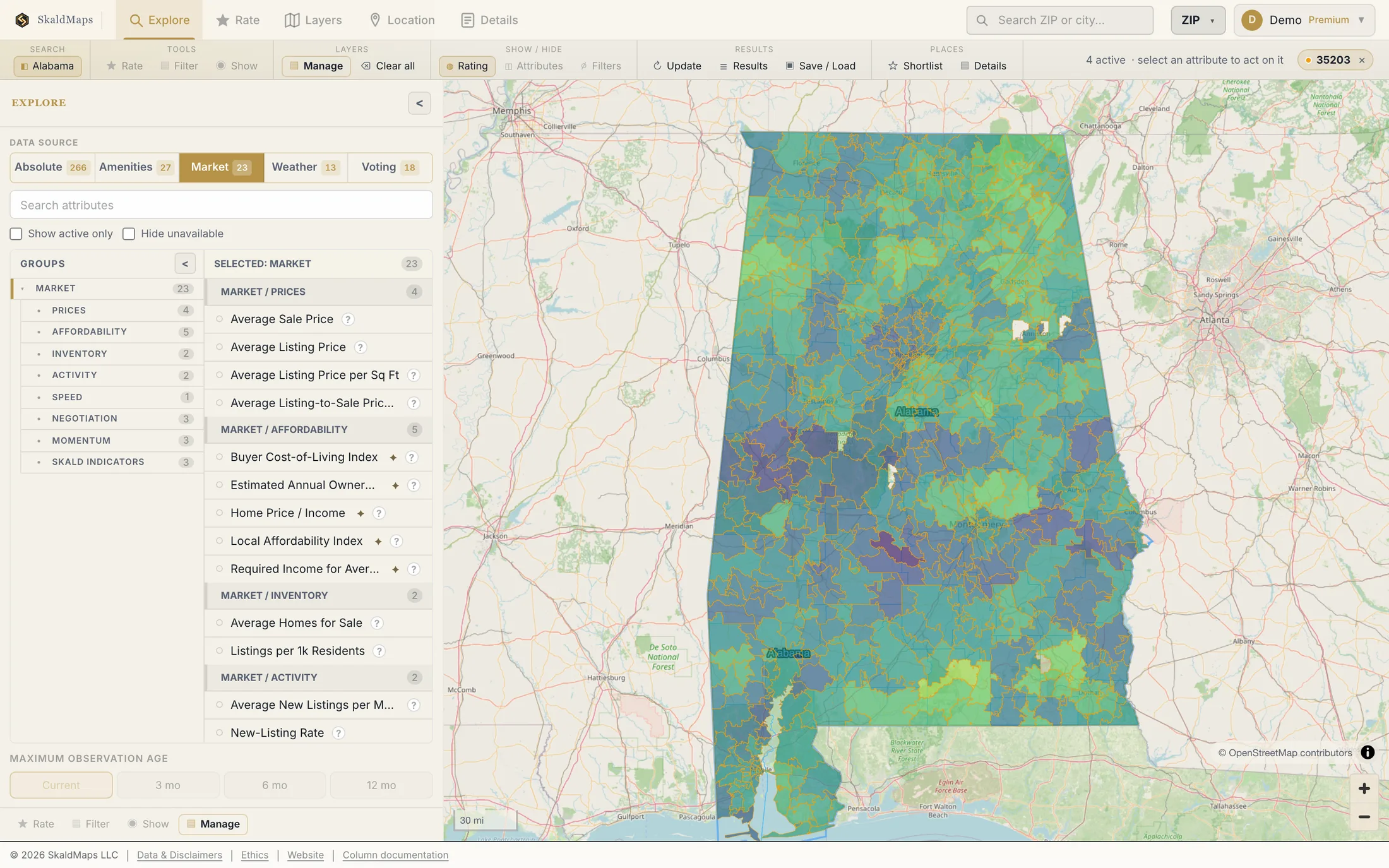 SkaldMaps showing Alabama ZIP codes scored by a sample home-search model for schools, rent, healthcare access, and broadband.