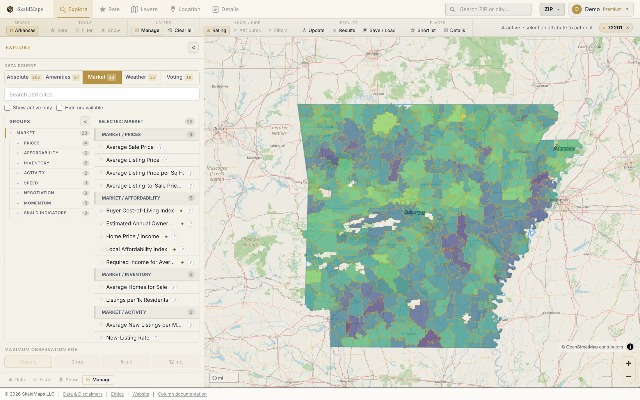 SkaldMaps showing Arkansas ZIP codes scored by a sample home-search model for schools, rent, healthcare access, and broadband.