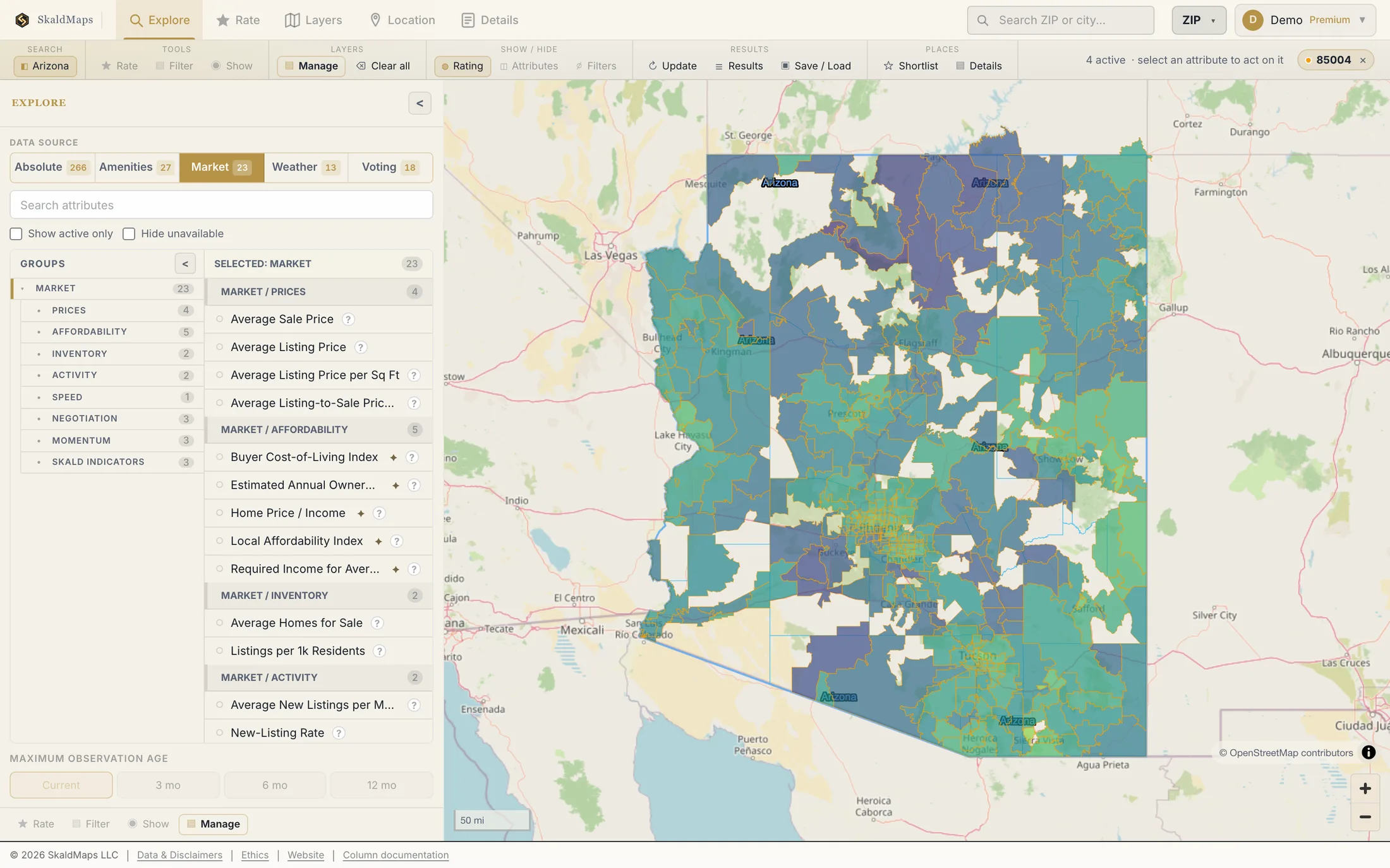 SkaldMaps showing Arizona ZIP codes scored by a sample home-search model for schools, rent, healthcare access, and broadband.