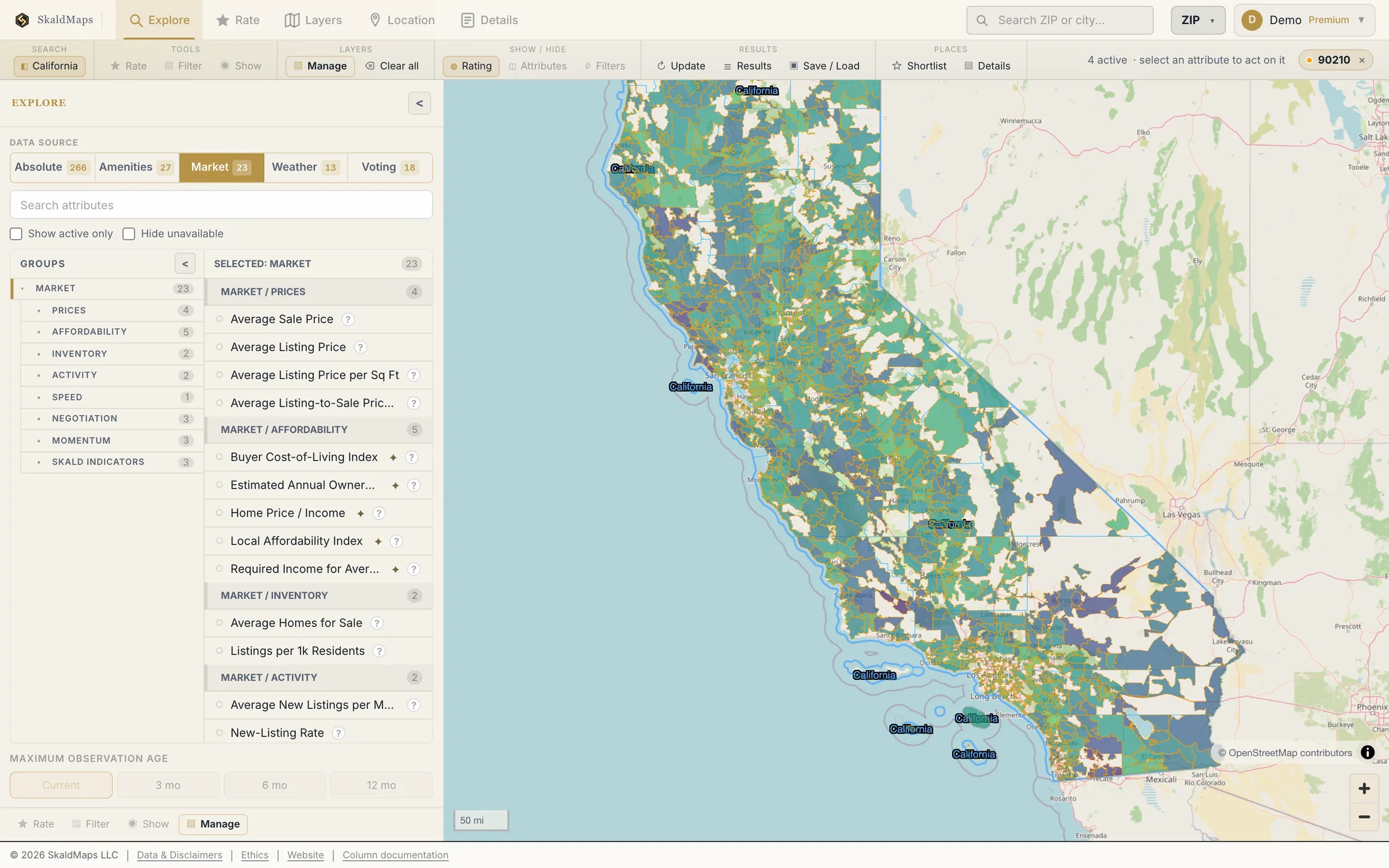 SkaldMaps showing California ZIP codes scored by a sample home-search model for schools, rent, healthcare access, and broadband.