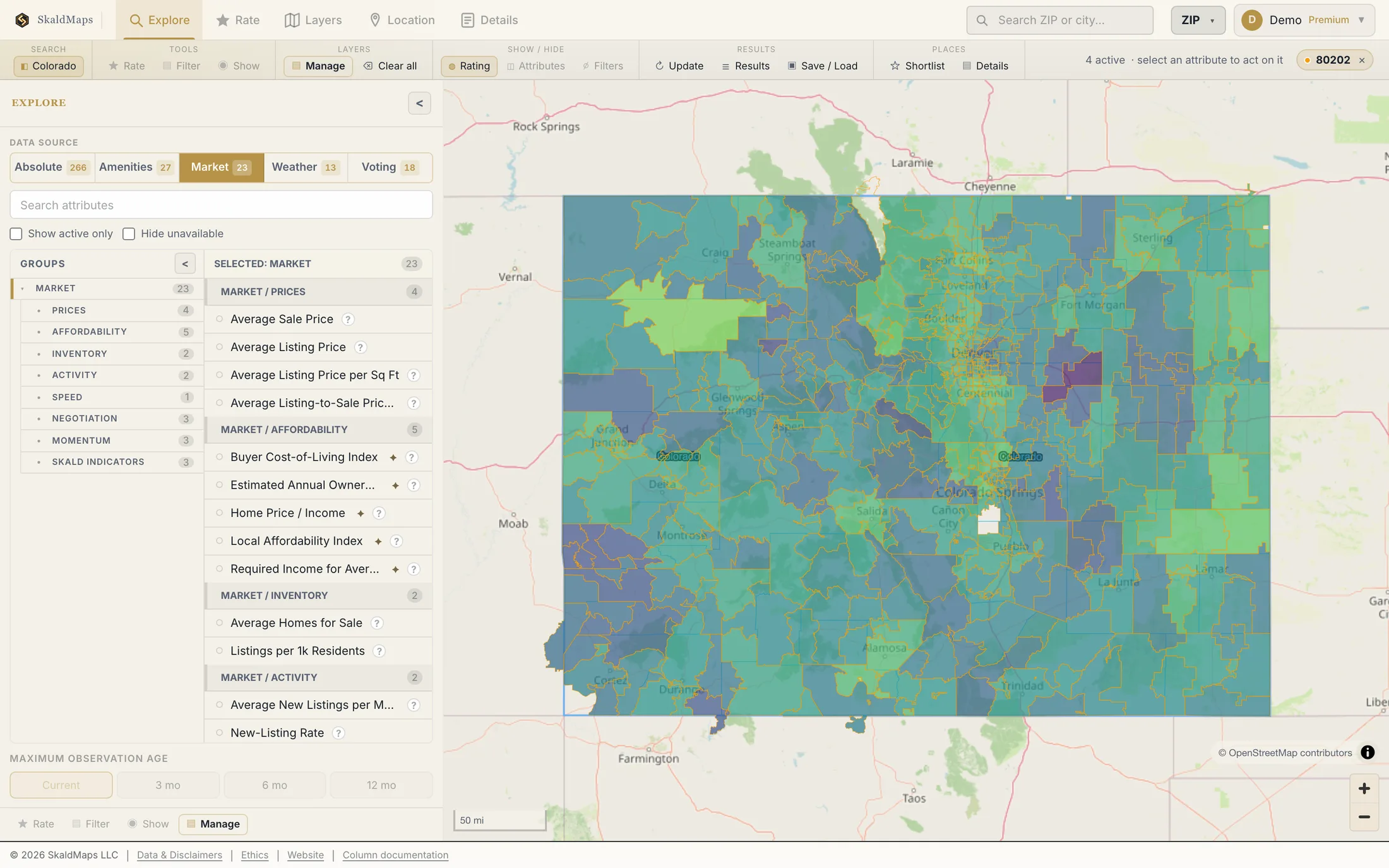 SkaldMaps showing Colorado ZIP codes scored by a sample home-search model for schools, rent, healthcare access, and broadband.