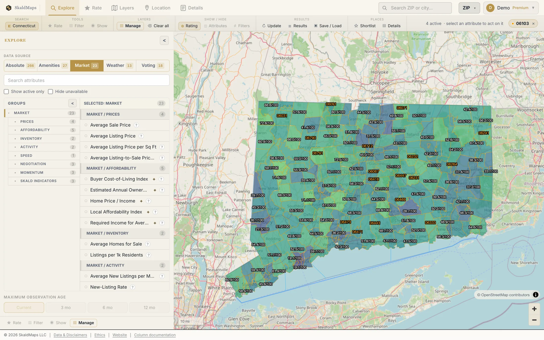 SkaldMaps showing Connecticut ZIP codes scored by a sample home-search model for schools, rent, healthcare access, and broadband.