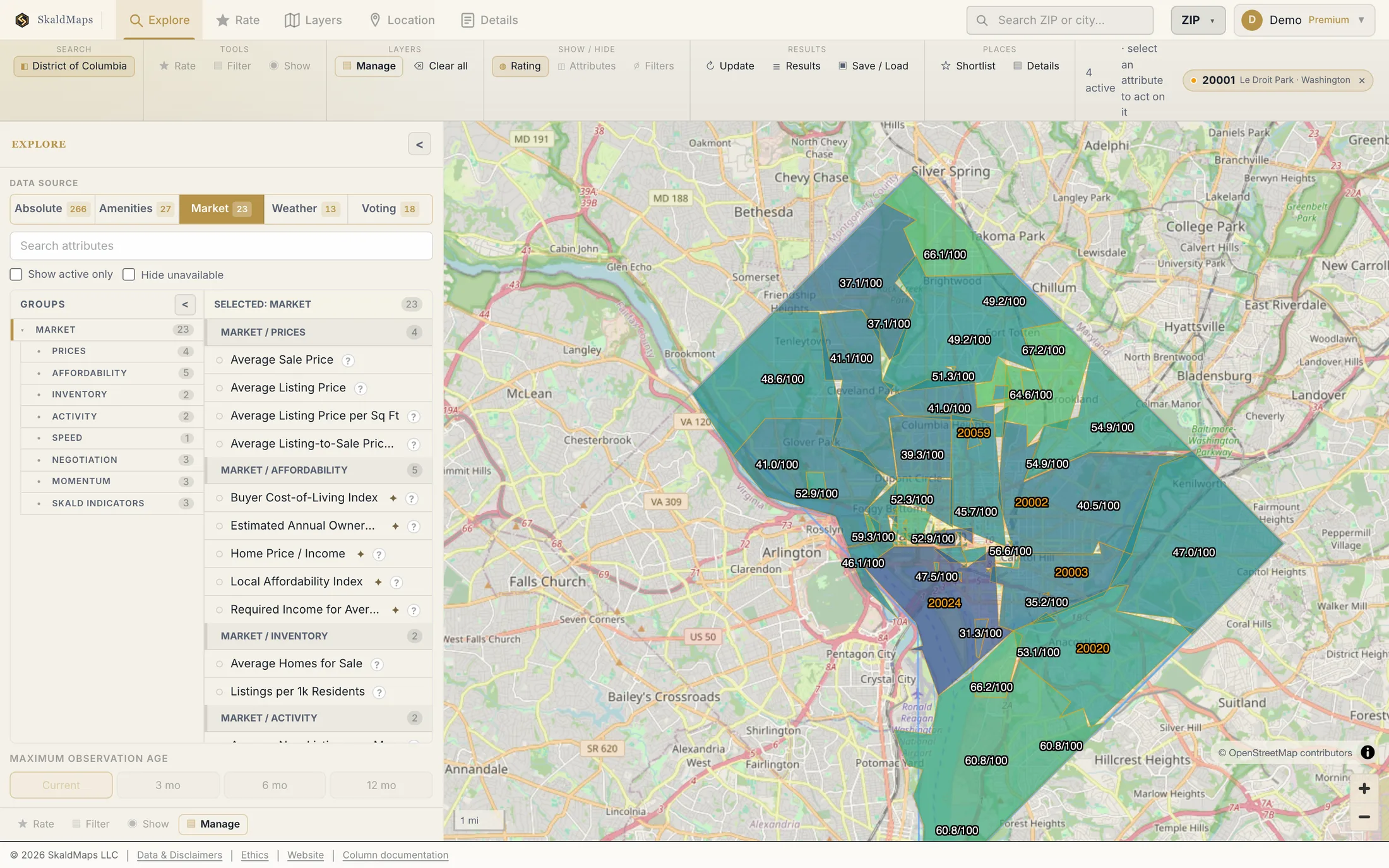 SkaldMaps showing District of Columbia ZIP codes scored by a sample home-search model for schools, rent, healthcare access, and broadband.