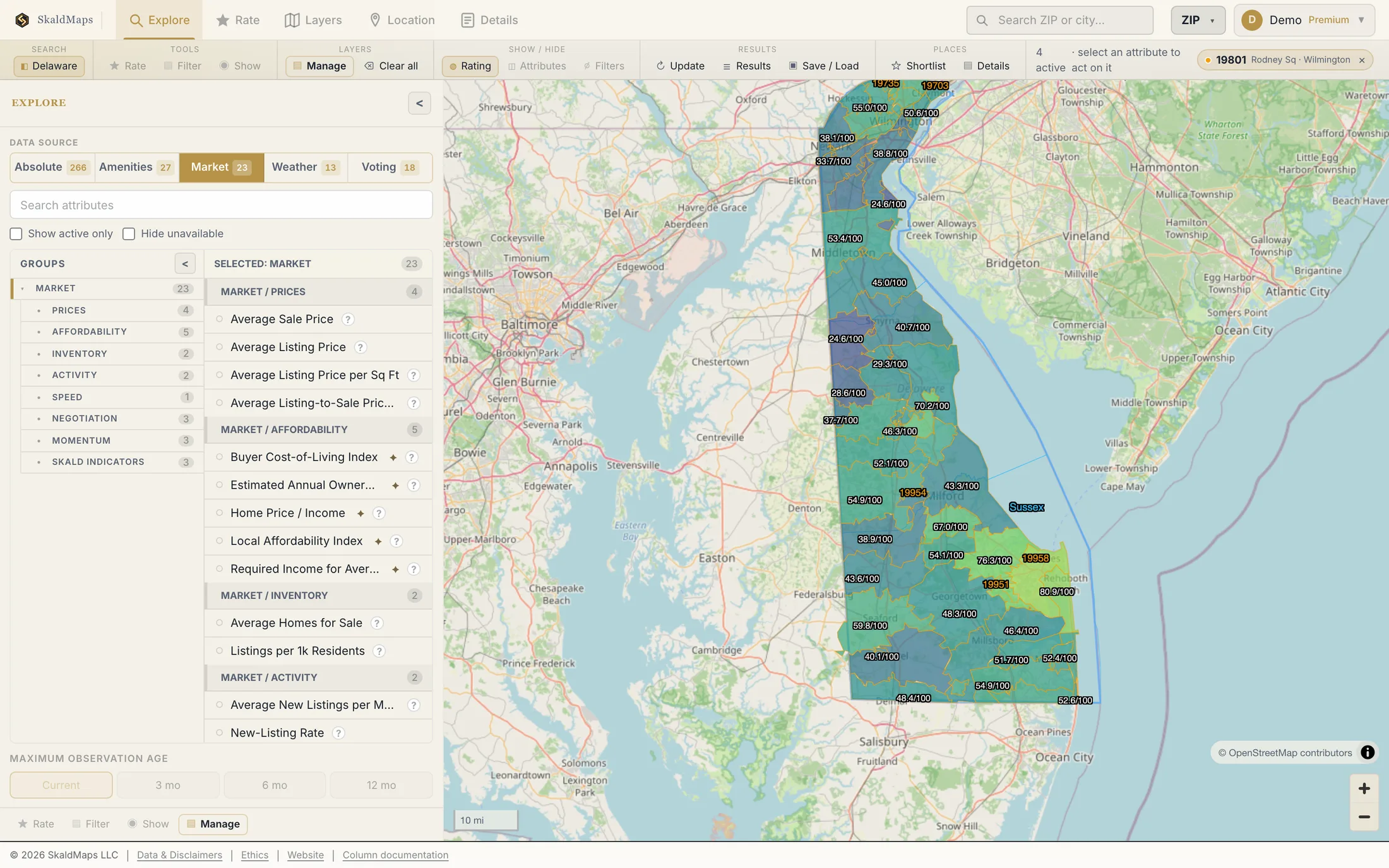 SkaldMaps showing Delaware ZIP codes scored by a sample home-search model for schools, rent, healthcare access, and broadband.