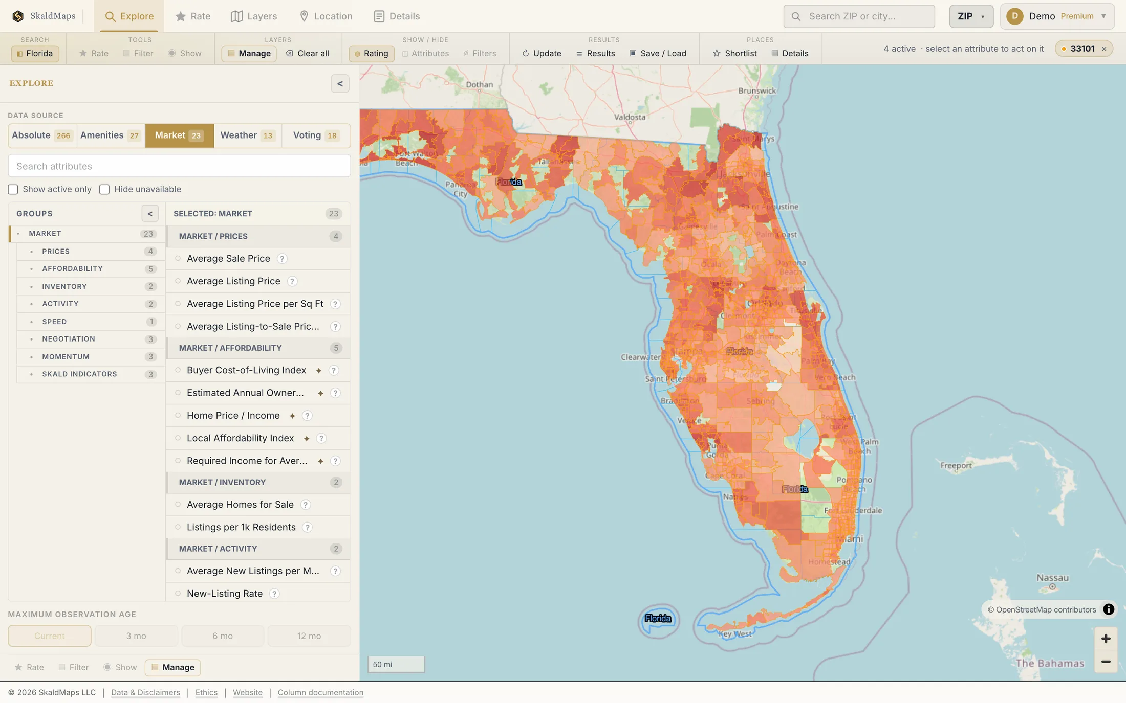 SkaldMaps showing Florida ZIP codes scored by a sample home-search model for schools, rent, healthcare access, and broadband.