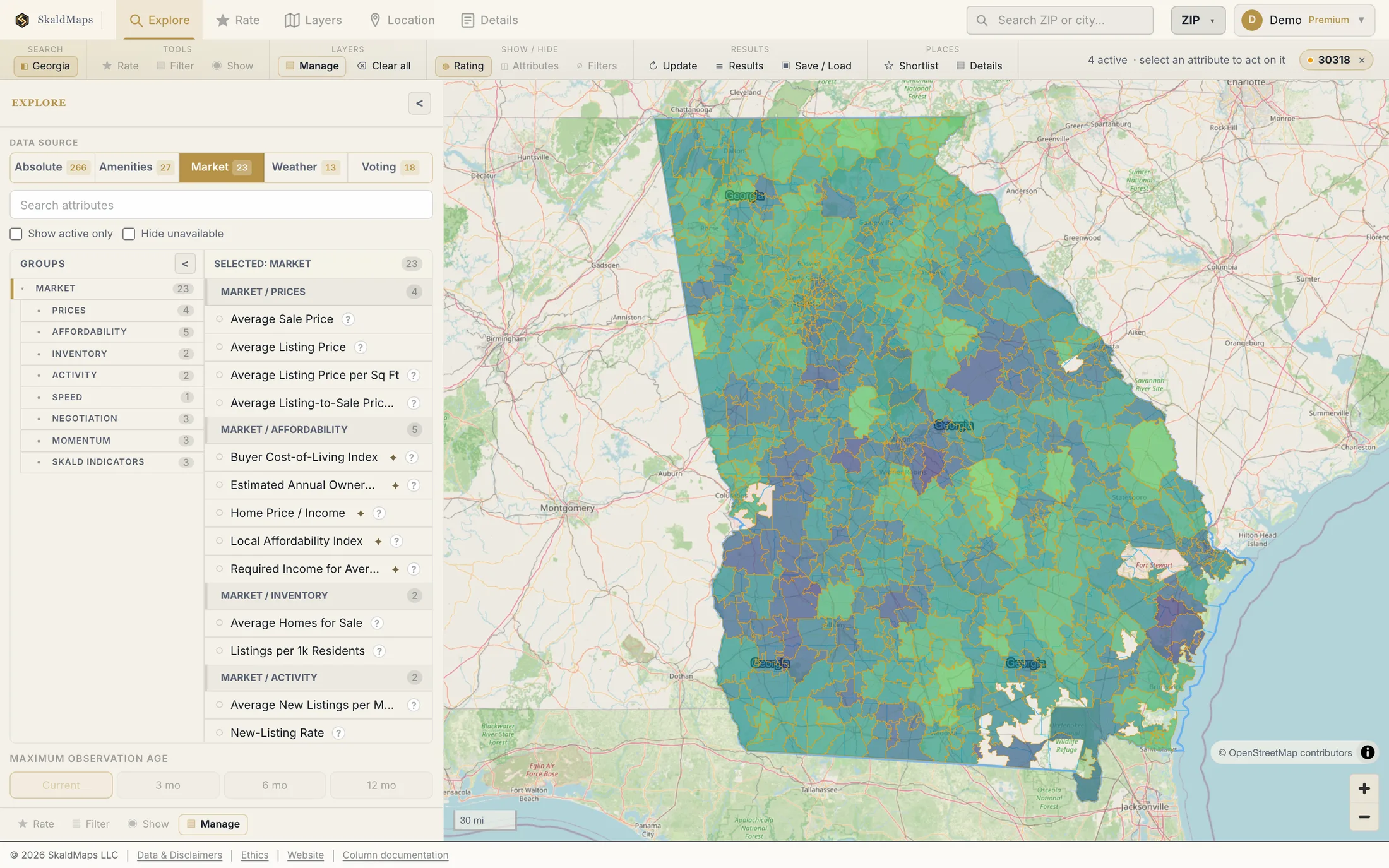 SkaldMaps showing Georgia ZIP codes scored by a sample home-search model for schools, rent, healthcare access, and broadband.
