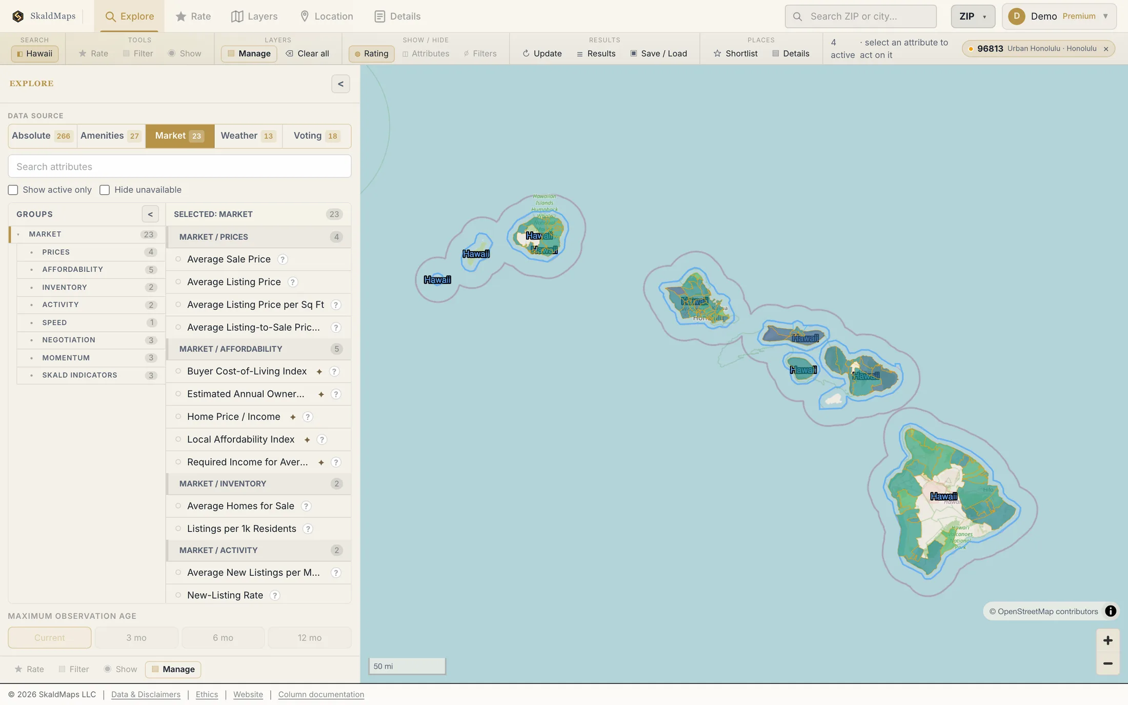 SkaldMaps showing Hawaii ZIP codes scored by a sample home-search model for schools, rent, healthcare access, and broadband.