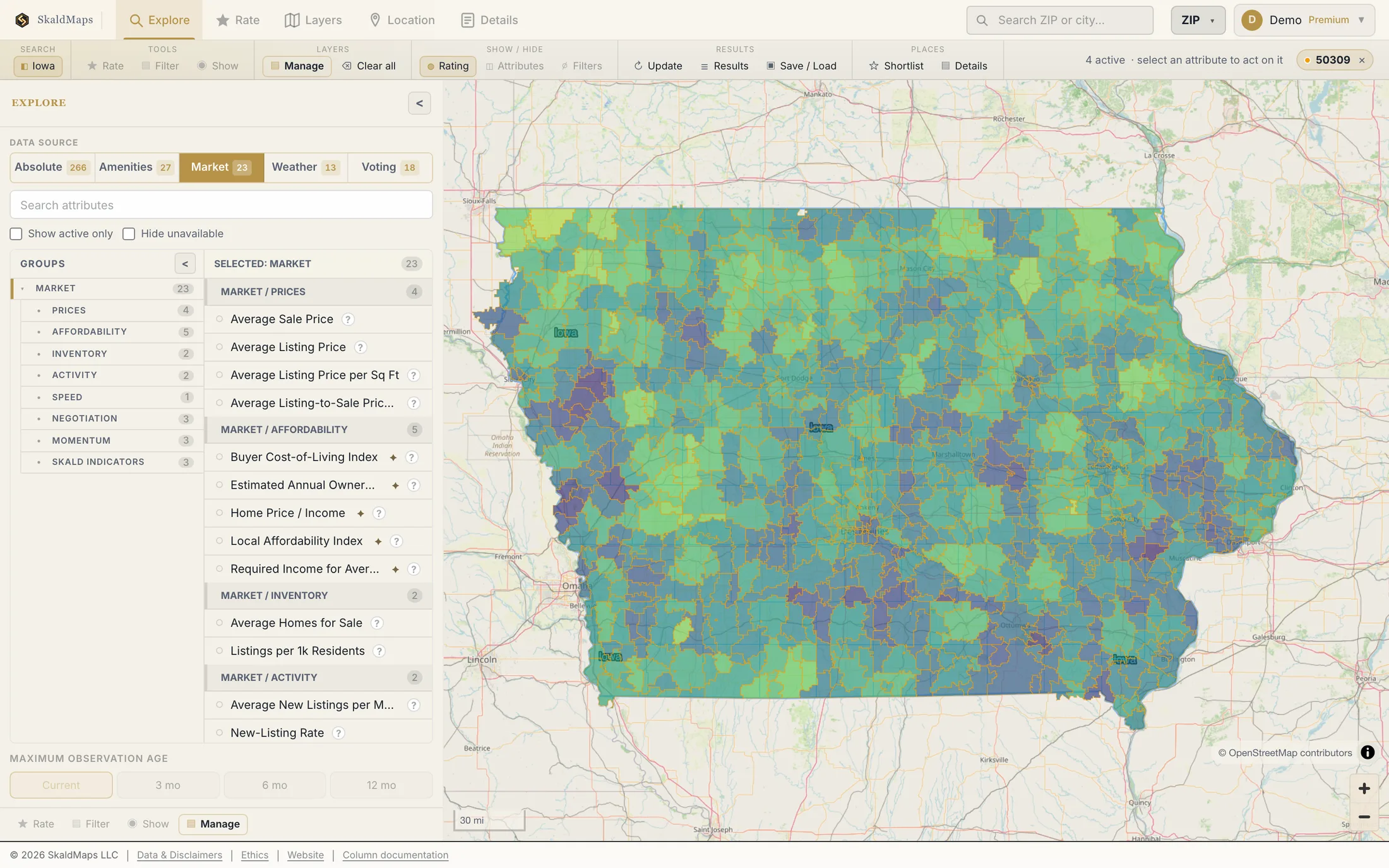SkaldMaps showing Iowa ZIP codes scored by a sample home-search model for schools, rent, healthcare access, and broadband.