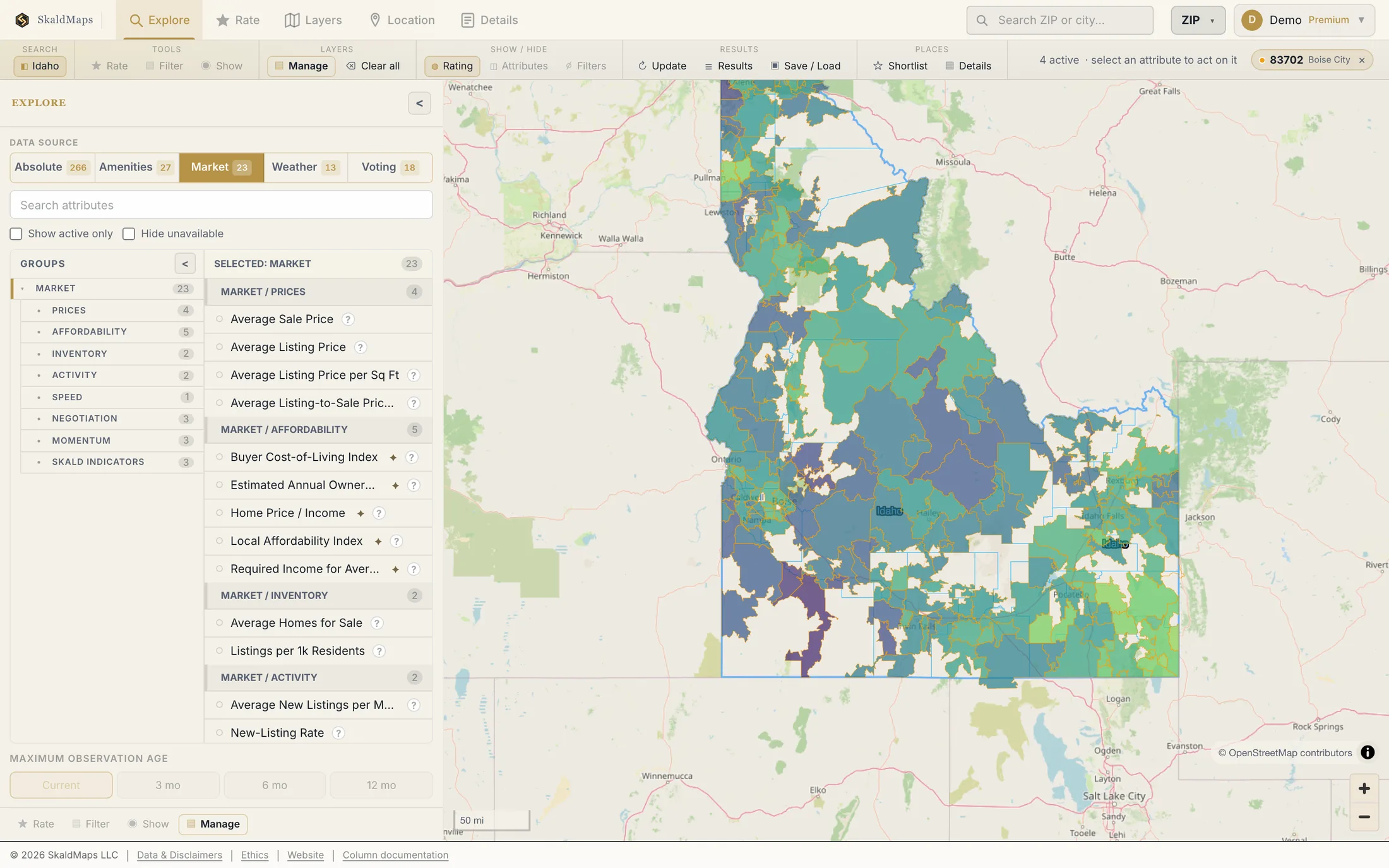 SkaldMaps showing Idaho ZIP codes scored by a sample home-search model for schools, rent, healthcare access, and broadband.