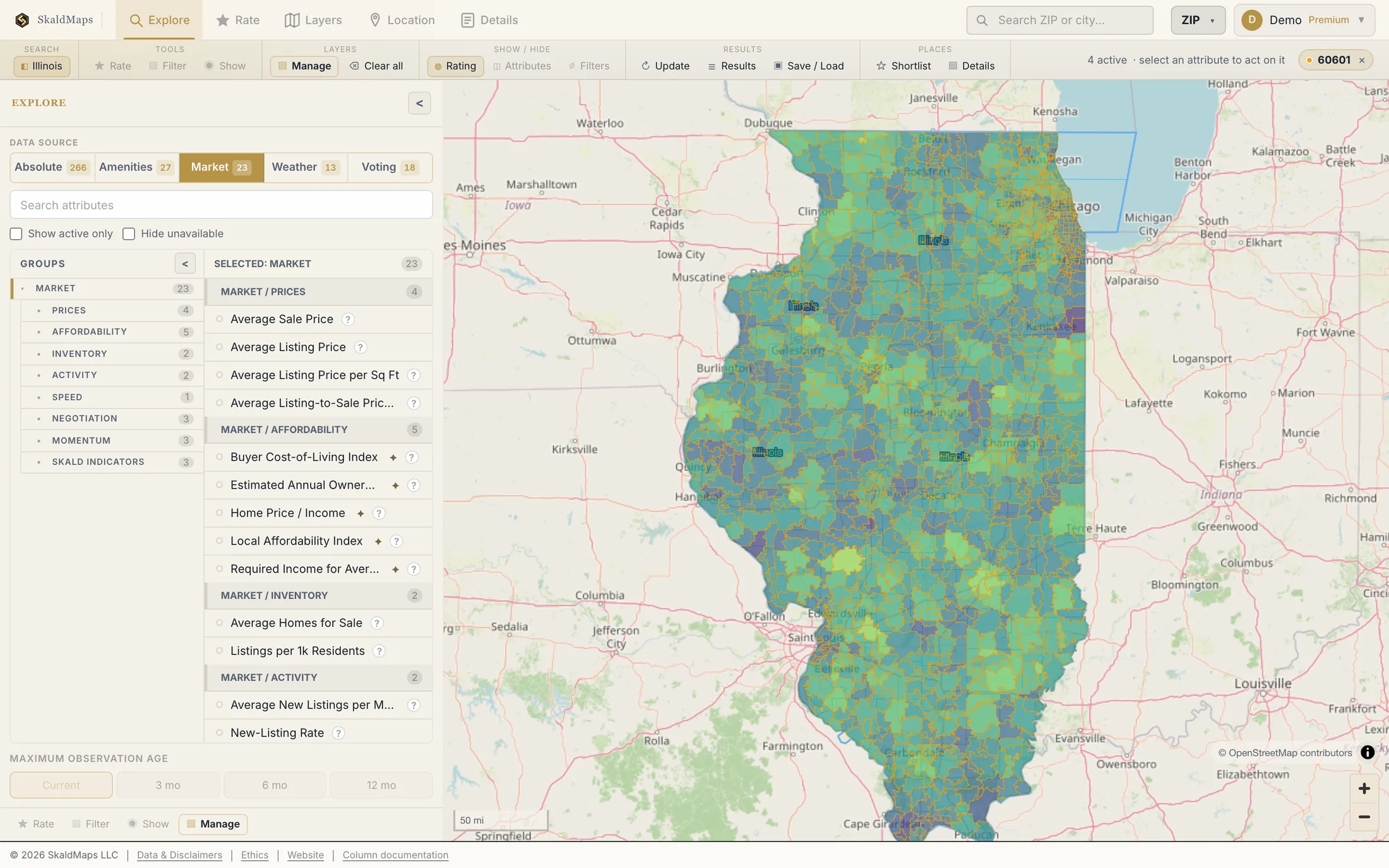 SkaldMaps showing Illinois ZIP codes scored by a sample home-search model for schools, rent, healthcare access, and broadband.