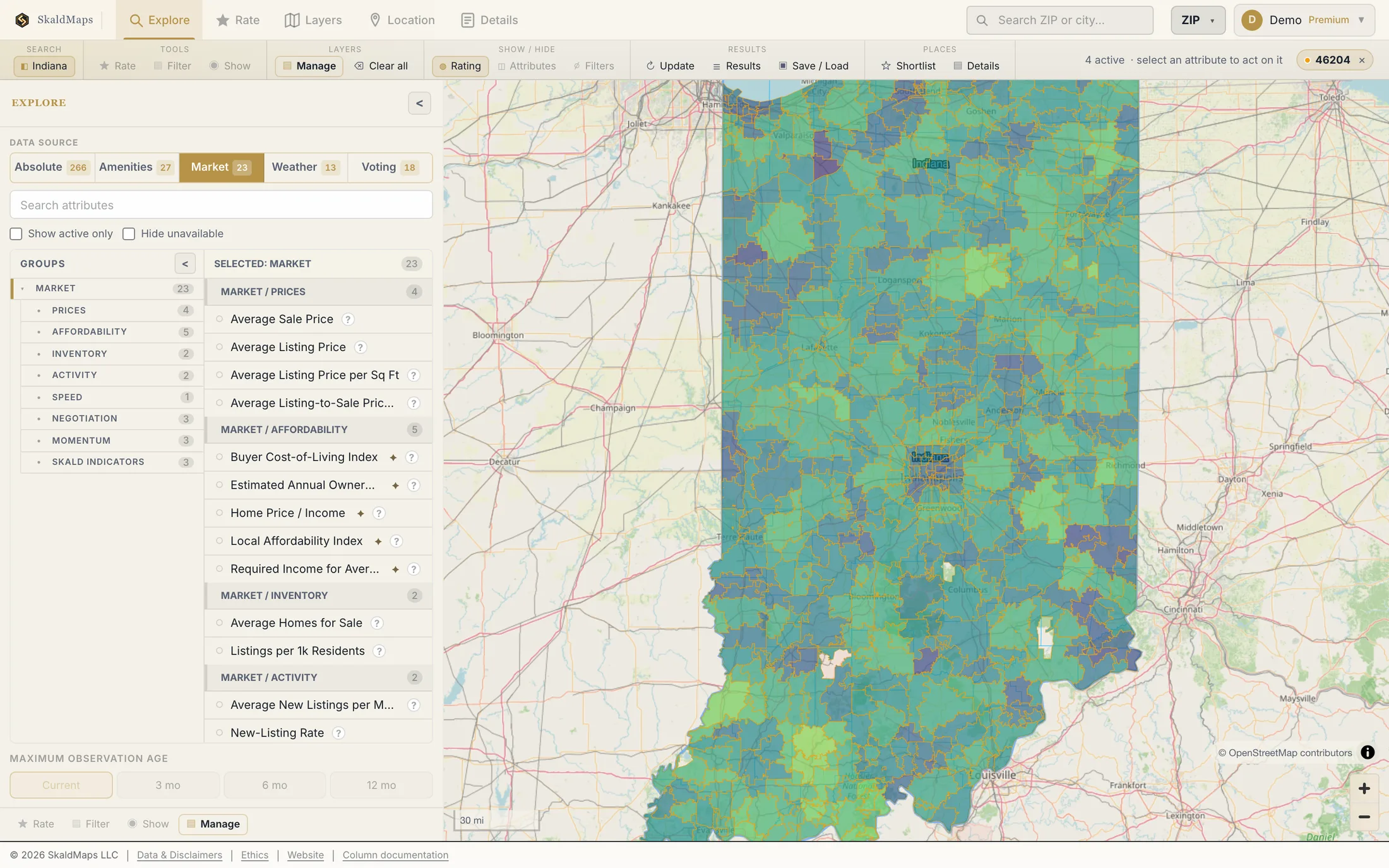 SkaldMaps showing Indiana ZIP codes scored by a sample home-search model for schools, rent, healthcare access, and broadband.