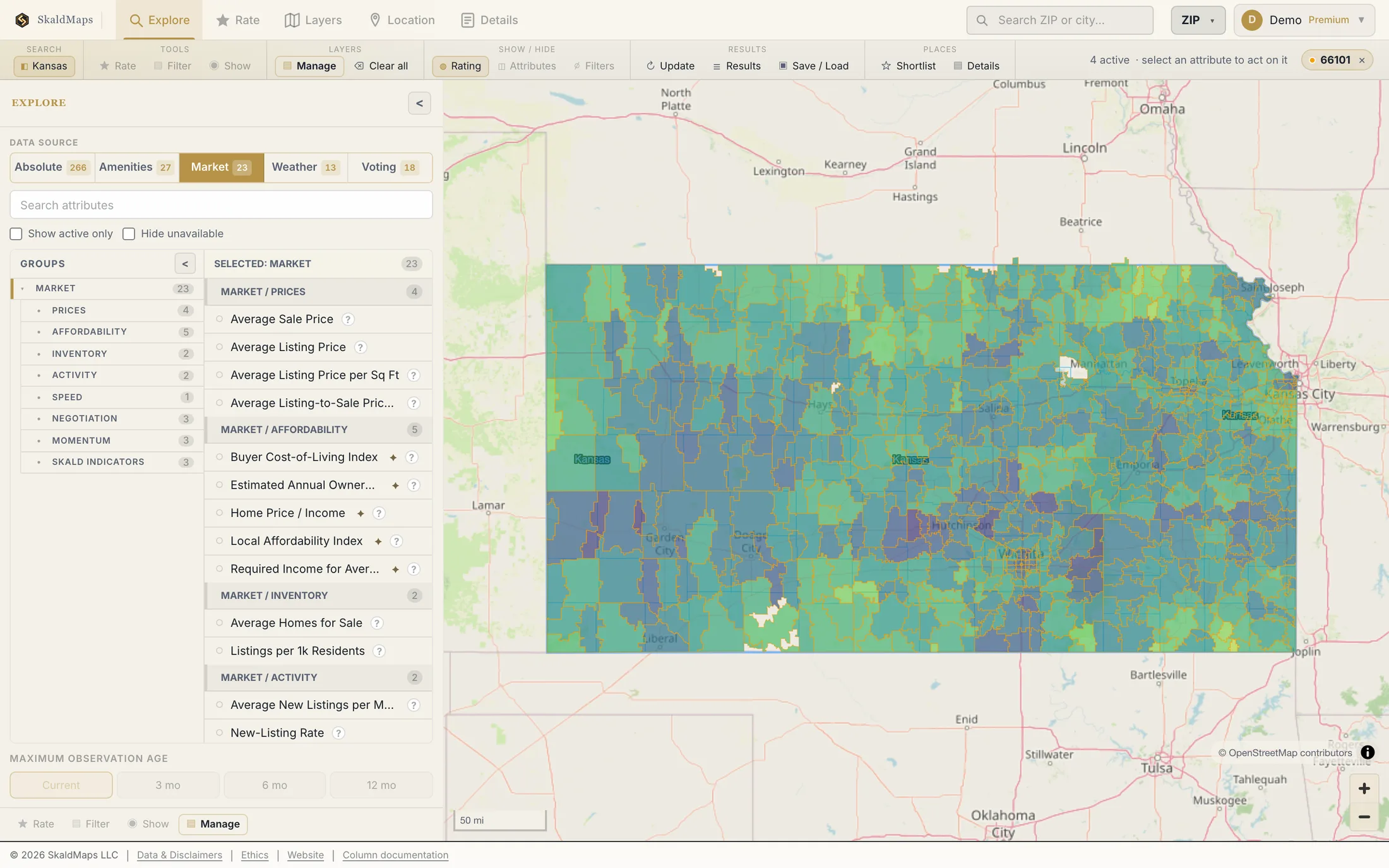 SkaldMaps showing Kansas ZIP codes scored by a sample home-search model for schools, rent, healthcare access, and broadband.
