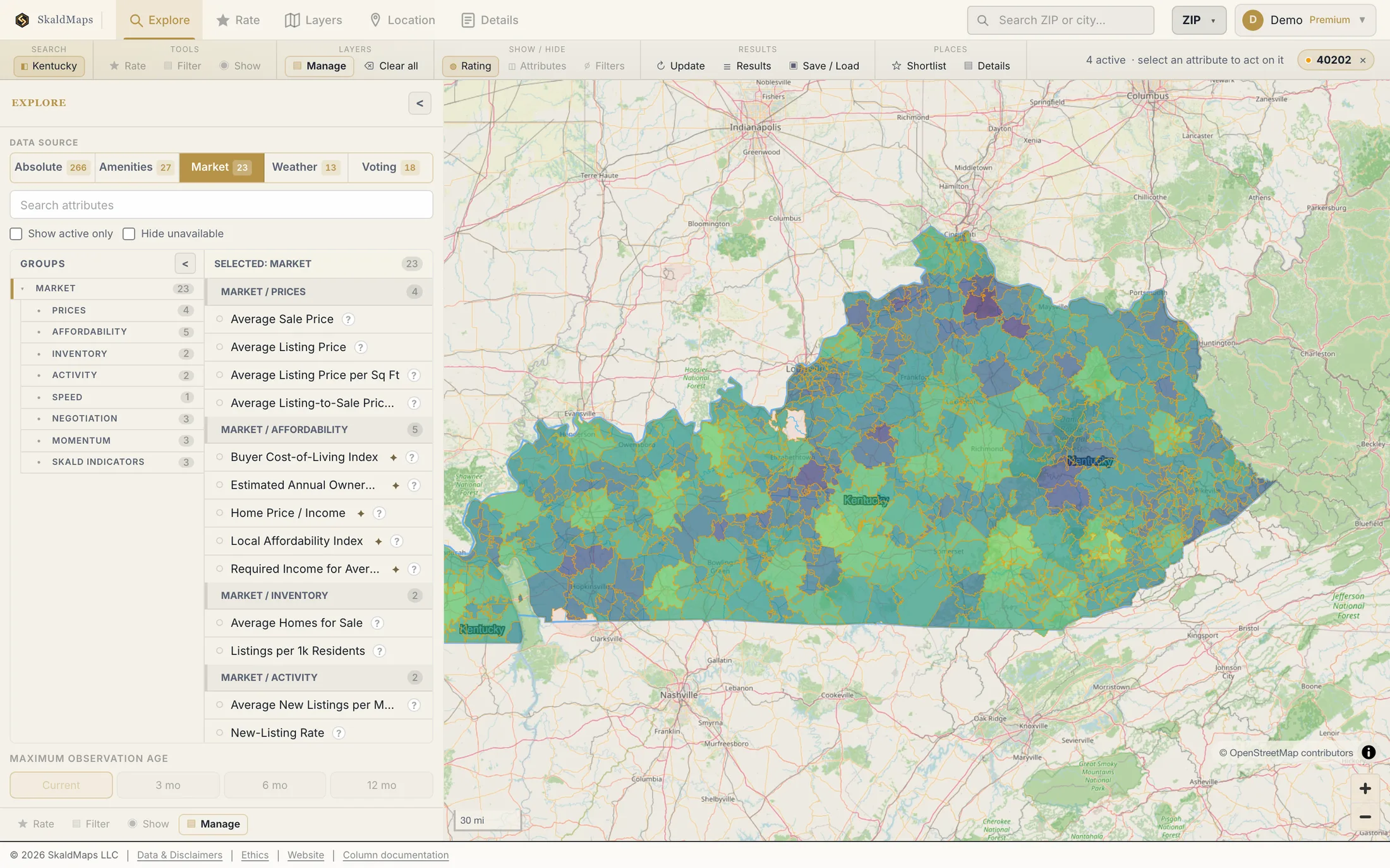 SkaldMaps showing Kentucky ZIP codes scored by a sample home-search model for schools, rent, healthcare access, and broadband.