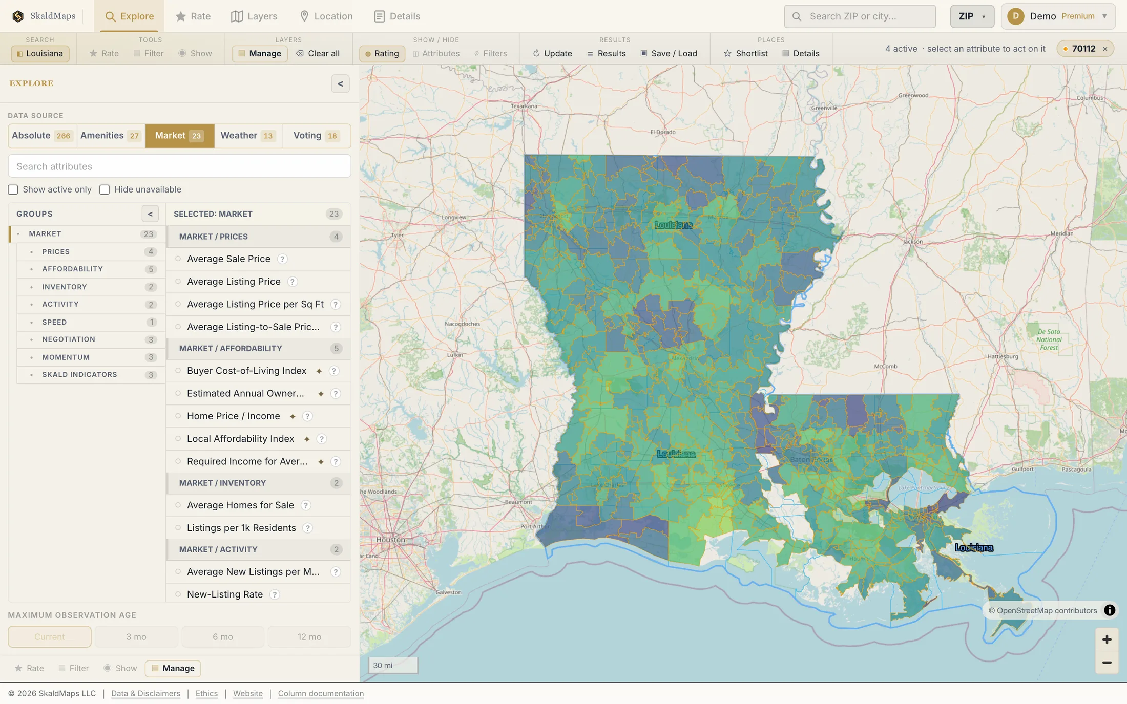 SkaldMaps showing Louisiana ZIP codes scored by a sample home-search model for schools, rent, healthcare access, and broadband.