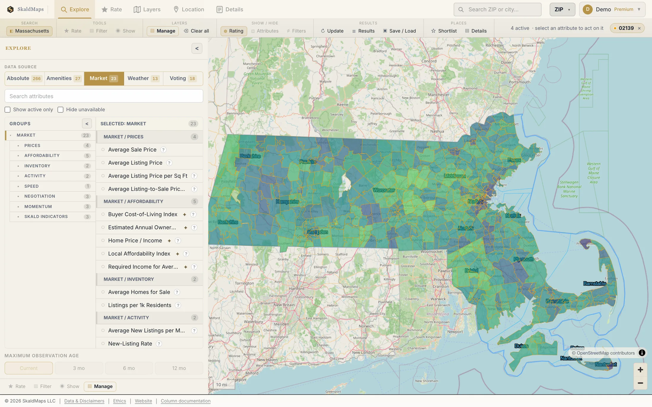 SkaldMaps showing Massachusetts ZIP codes scored by a sample home-search model for schools, rent, healthcare access, and broadband.