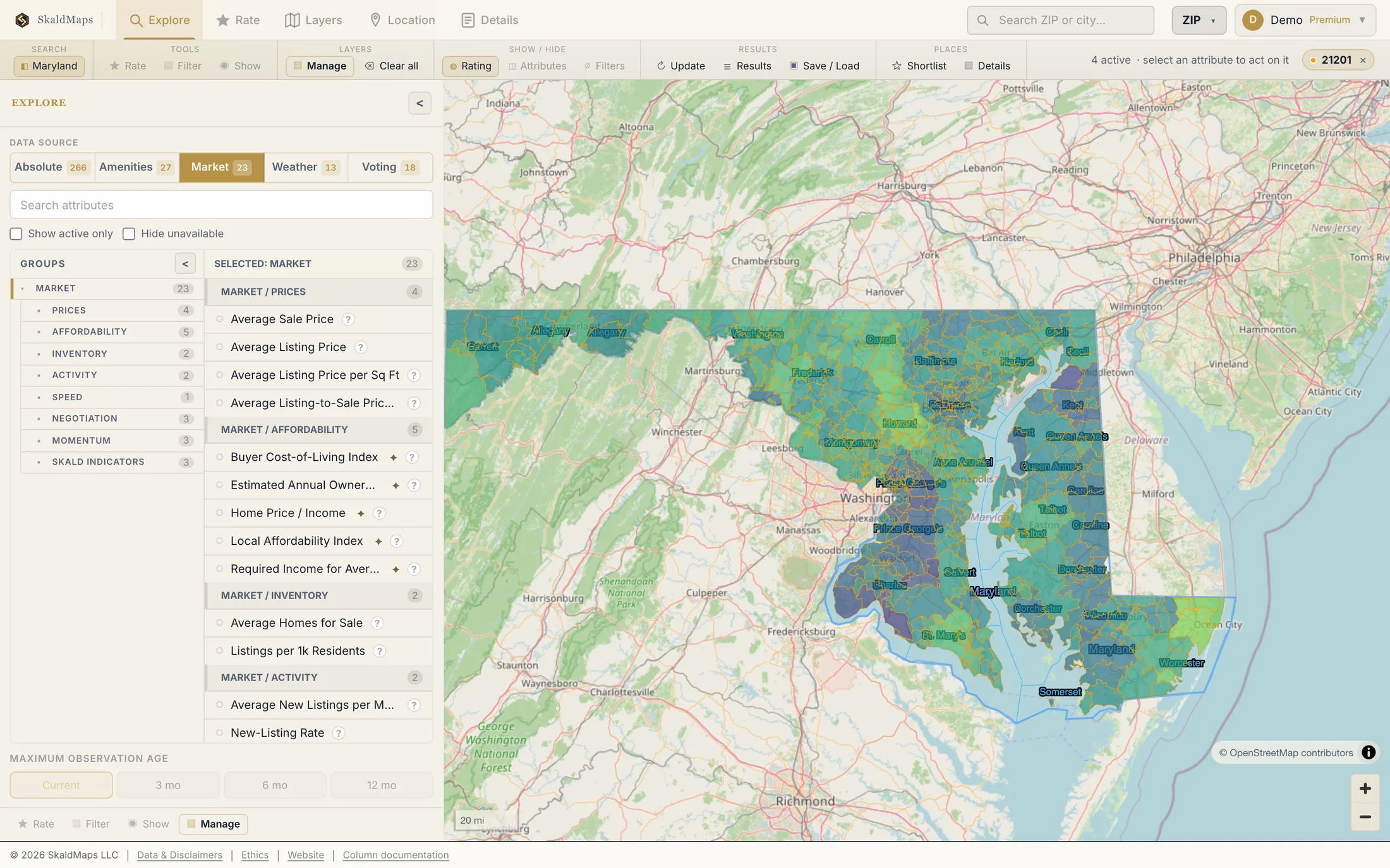 SkaldMaps showing Maryland ZIP codes scored by a sample home-search model for schools, rent, healthcare access, and broadband.