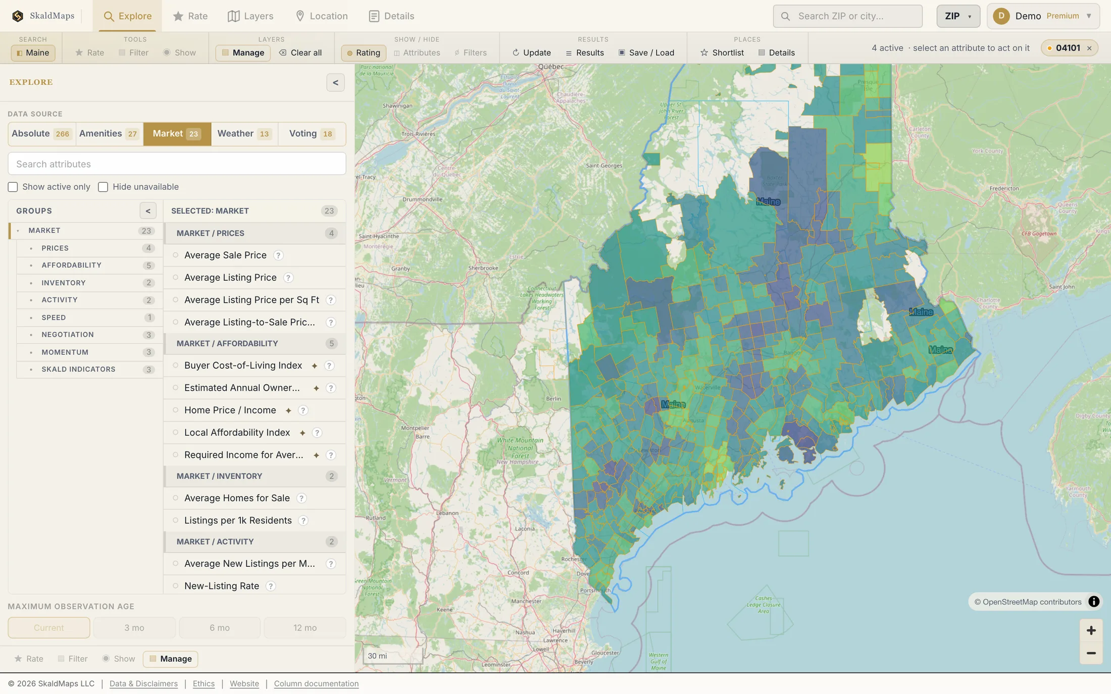 SkaldMaps showing Maine ZIP codes scored by a sample home-search model for schools, rent, healthcare access, and broadband.
