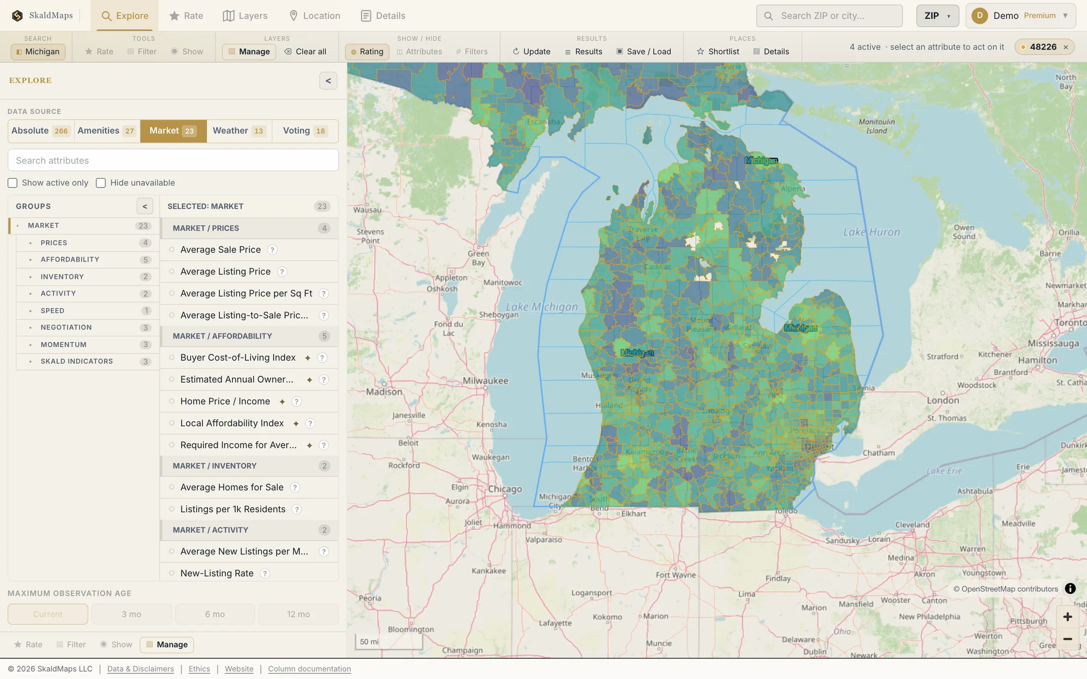 SkaldMaps showing Michigan ZIP codes scored by a sample home-search model for schools, rent, healthcare access, and broadband.