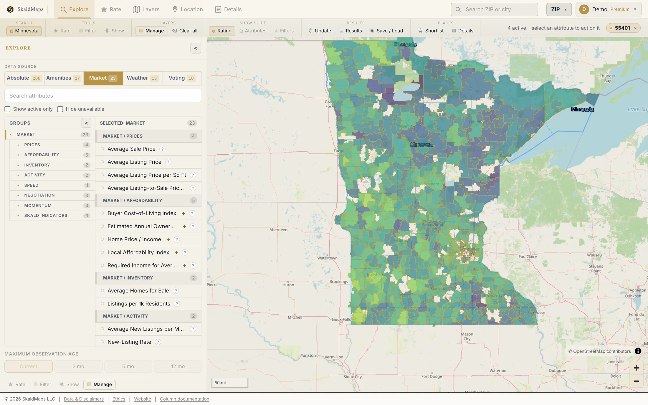 SkaldMaps showing Minnesota ZIP codes scored by a sample home-search model for schools, rent, healthcare access, and broadband.