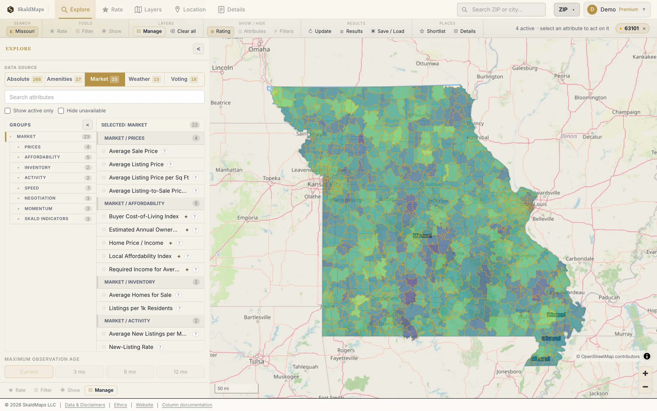 SkaldMaps showing Missouri ZIP codes scored by a sample home-search model for schools, rent, healthcare access, and broadband.