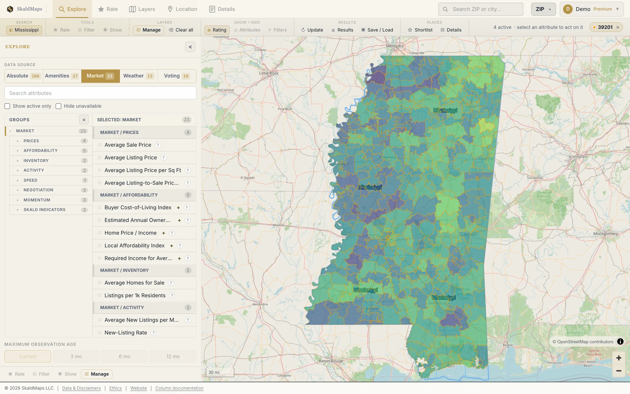 SkaldMaps showing Mississippi ZIP codes scored by a sample home-search model for schools, rent, healthcare access, and broadband.