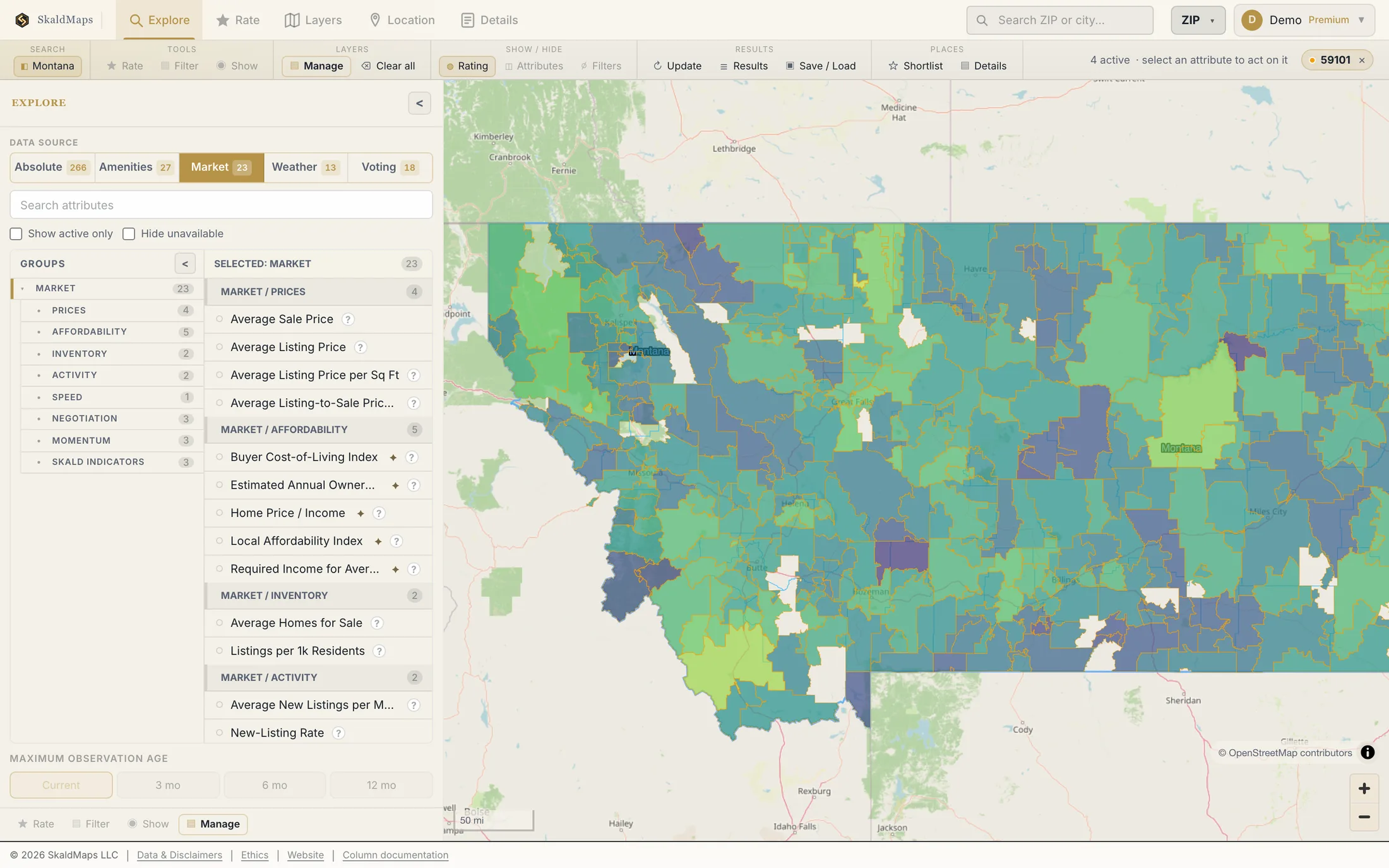 SkaldMaps showing Montana ZIP codes scored by a sample home-search model for schools, rent, healthcare access, and broadband.