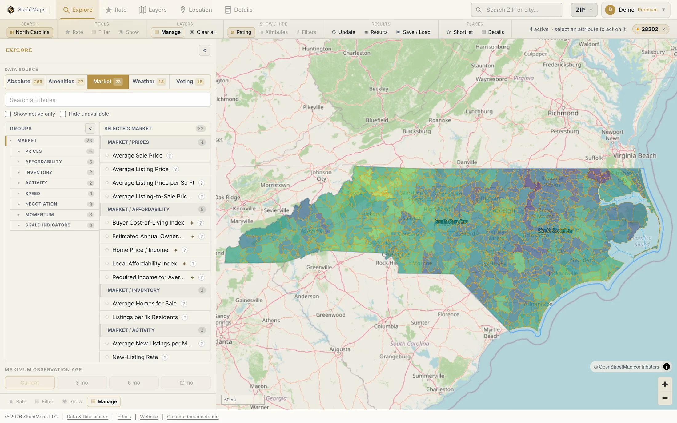 SkaldMaps showing North Carolina ZIP codes scored by a sample home-search model for schools, rent, healthcare access, and broadband.