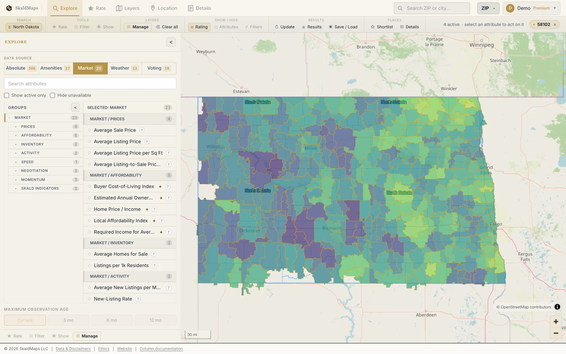 SkaldMaps showing North Dakota ZIP codes scored by a sample home-search model for schools, rent, healthcare access, and broadband.