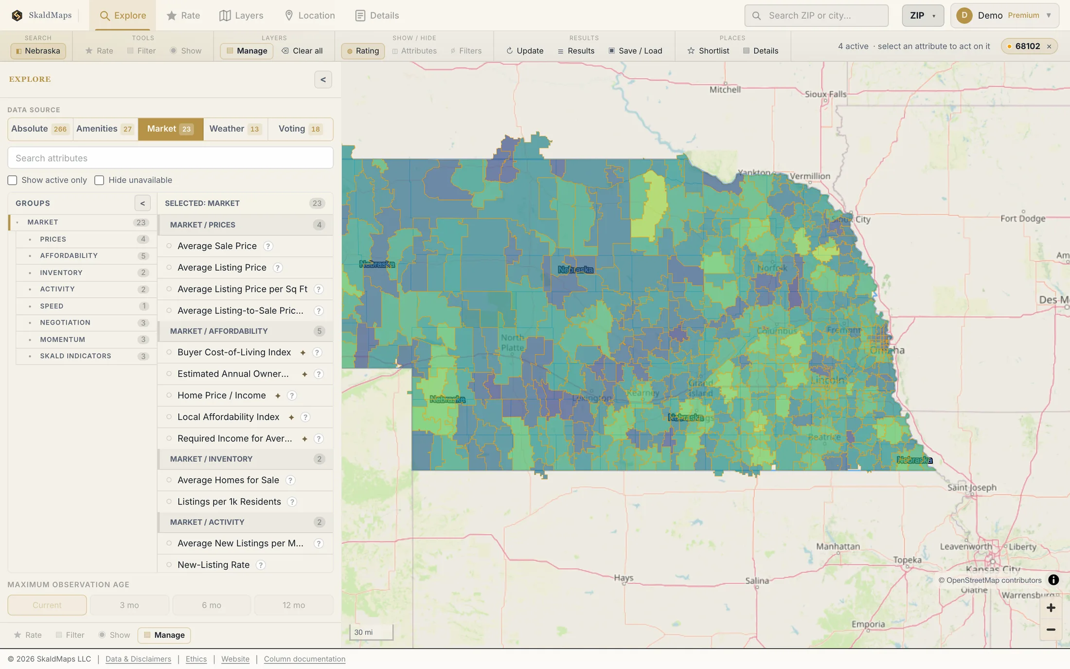 SkaldMaps showing Nebraska ZIP codes scored by a sample home-search model for schools, rent, healthcare access, and broadband.