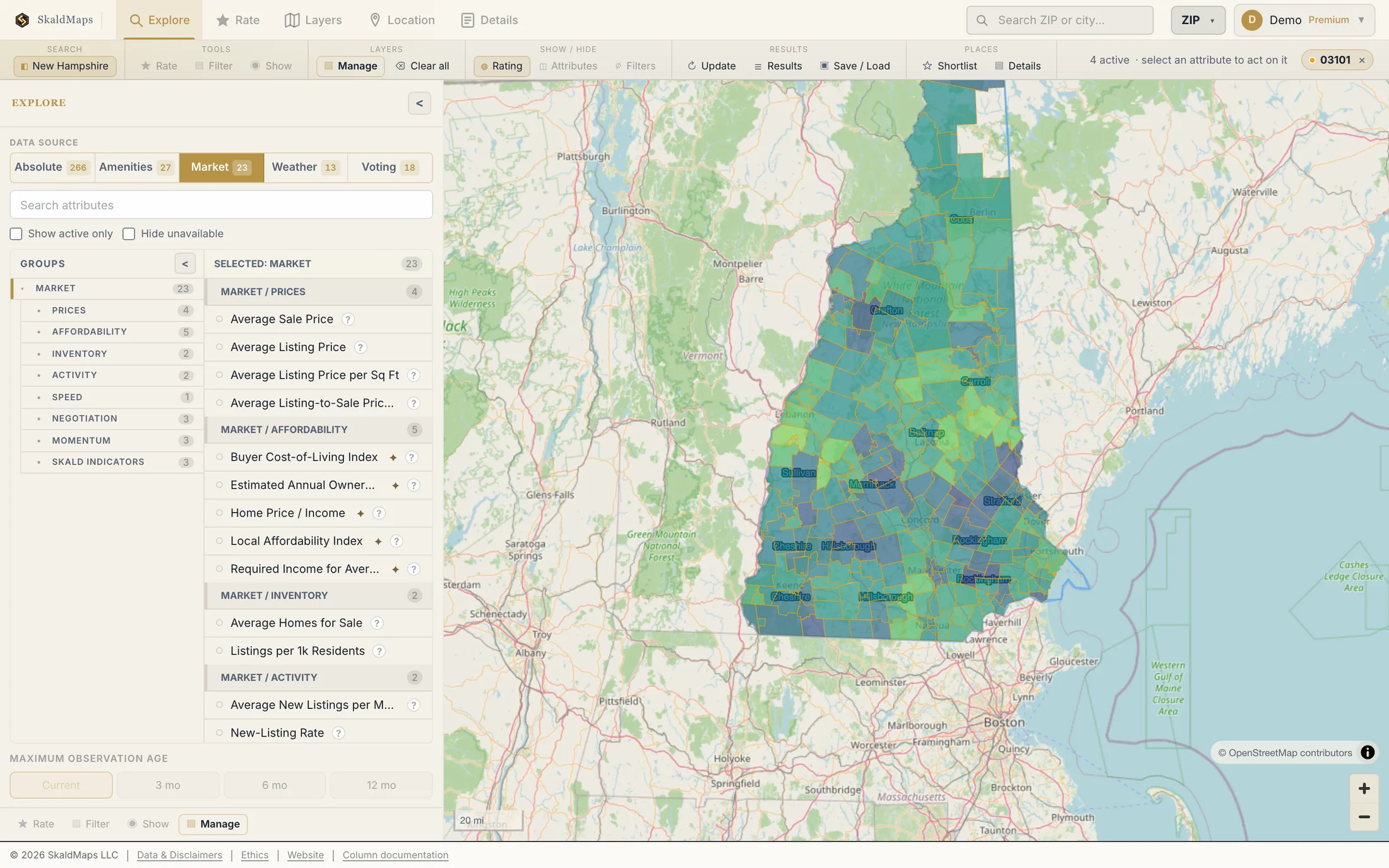 SkaldMaps showing New Hampshire ZIP codes scored by a sample home-search model for schools, rent, healthcare access, and broadband.