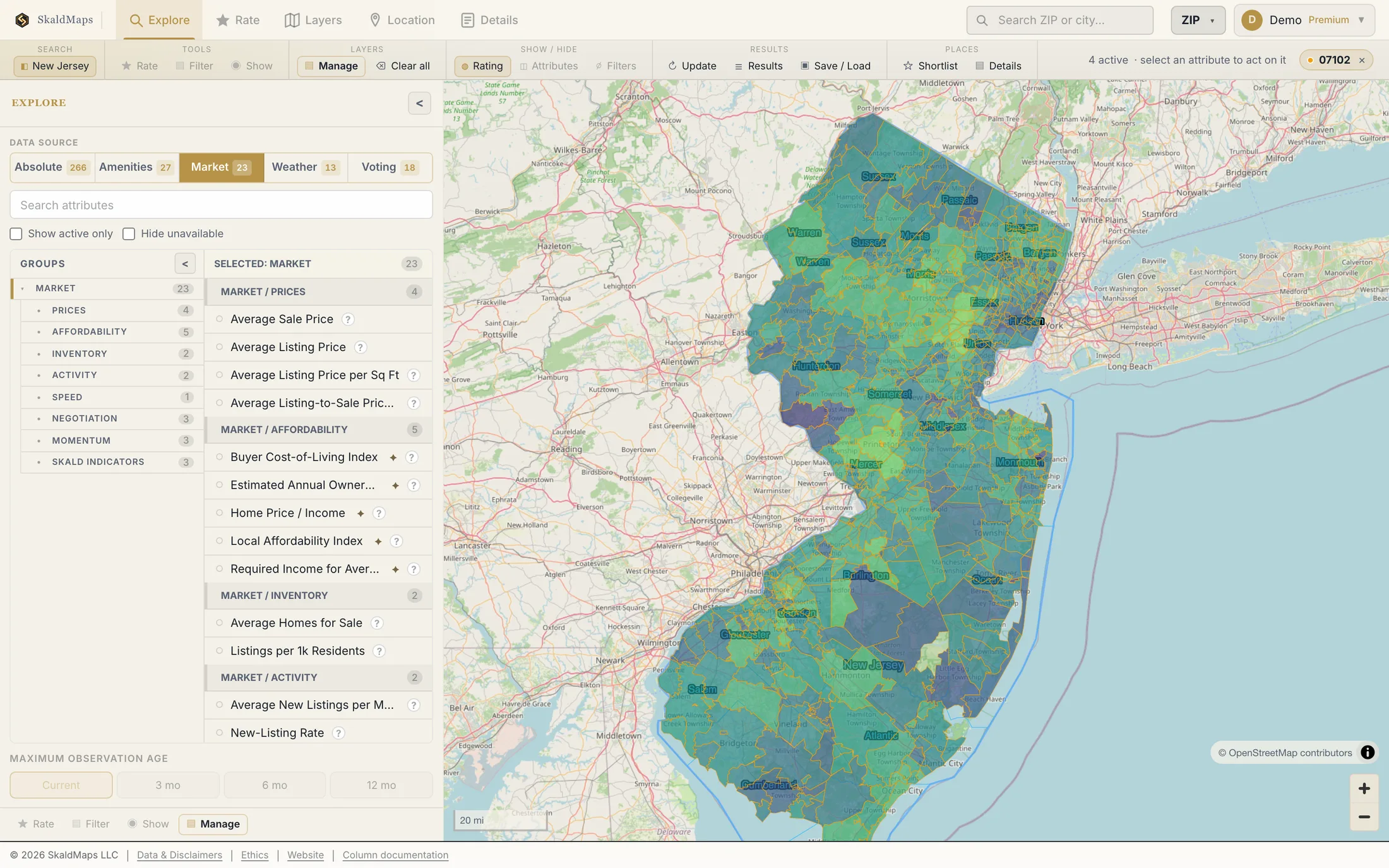 SkaldMaps showing New Jersey ZIP codes scored by a sample home-search model for schools, rent, healthcare access, and broadband.