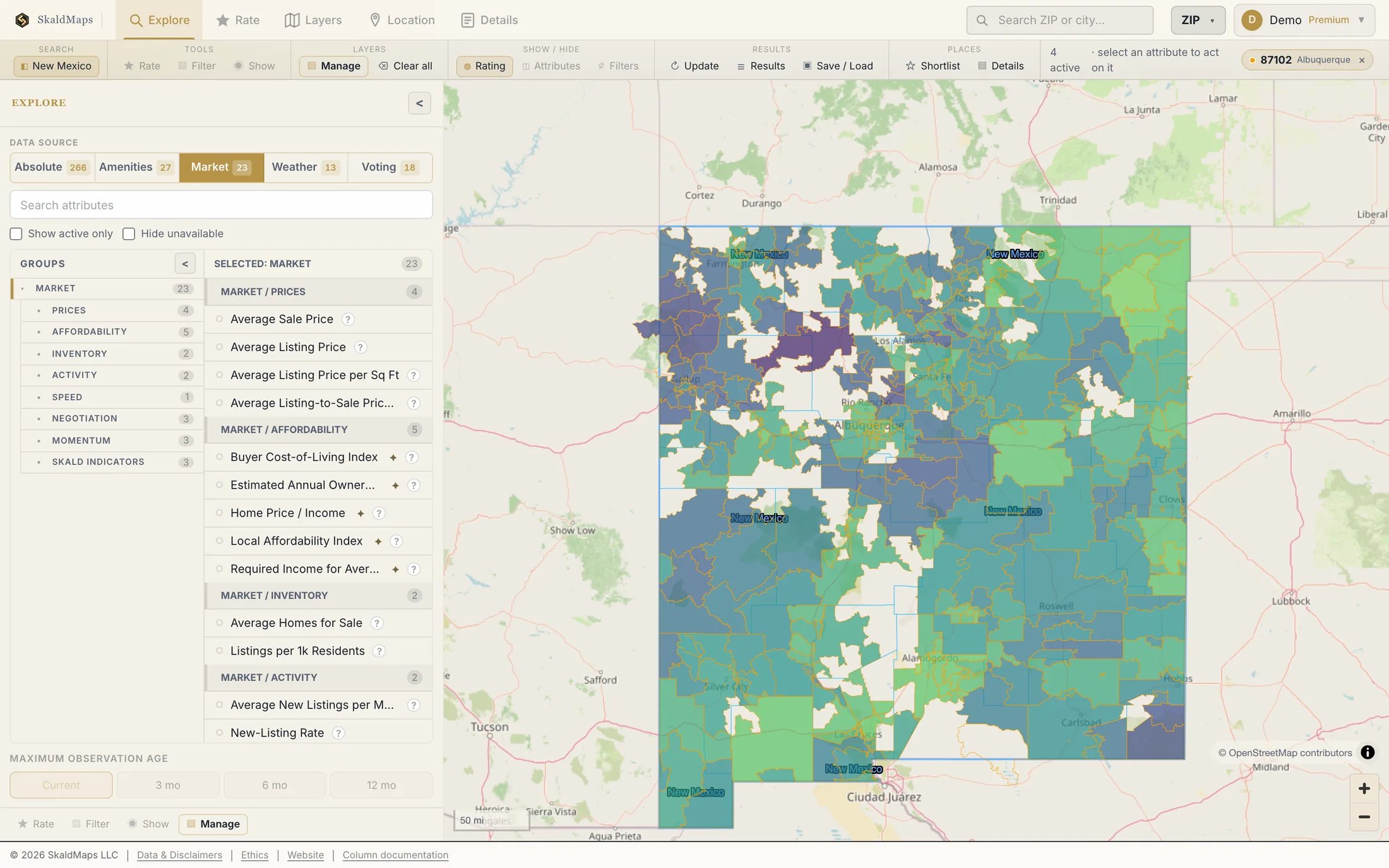 SkaldMaps showing New Mexico ZIP codes scored by a sample home-search model for schools, rent, healthcare access, and broadband.