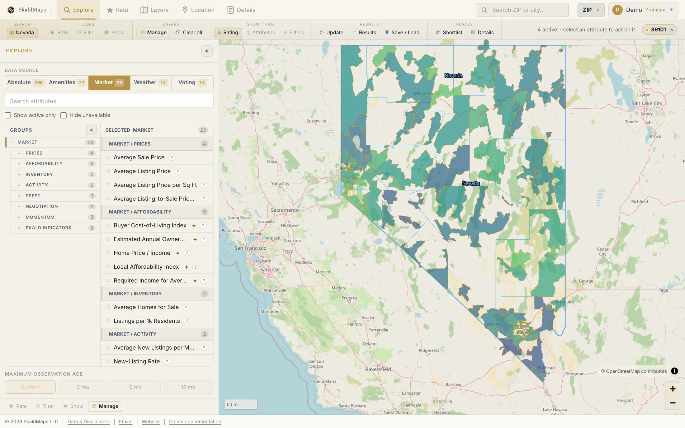 SkaldMaps showing Nevada ZIP codes scored by a sample home-search model for schools, rent, healthcare access, and broadband.