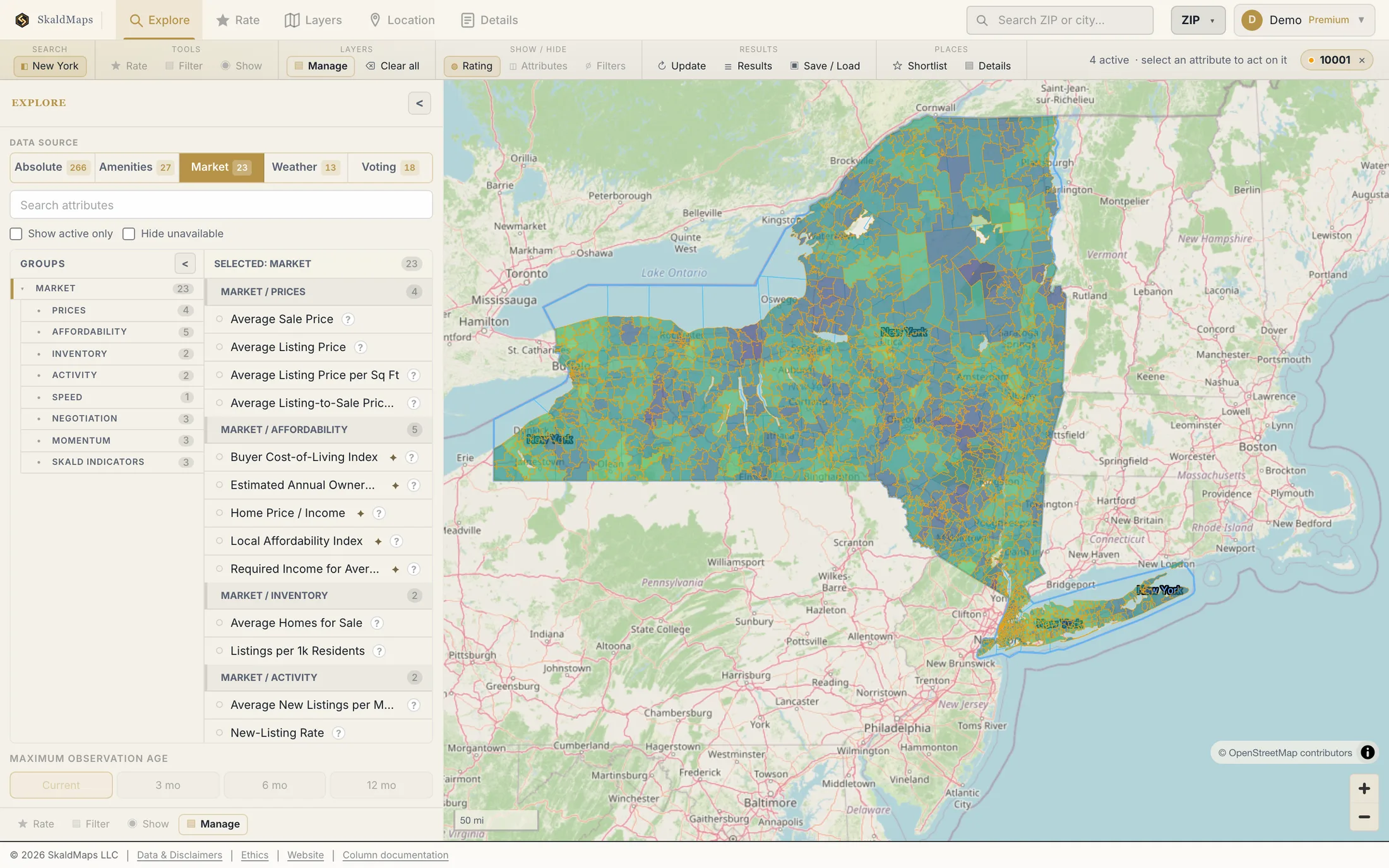 SkaldMaps showing New York ZIP codes scored by a sample home-search model for schools, rent, healthcare access, and broadband.