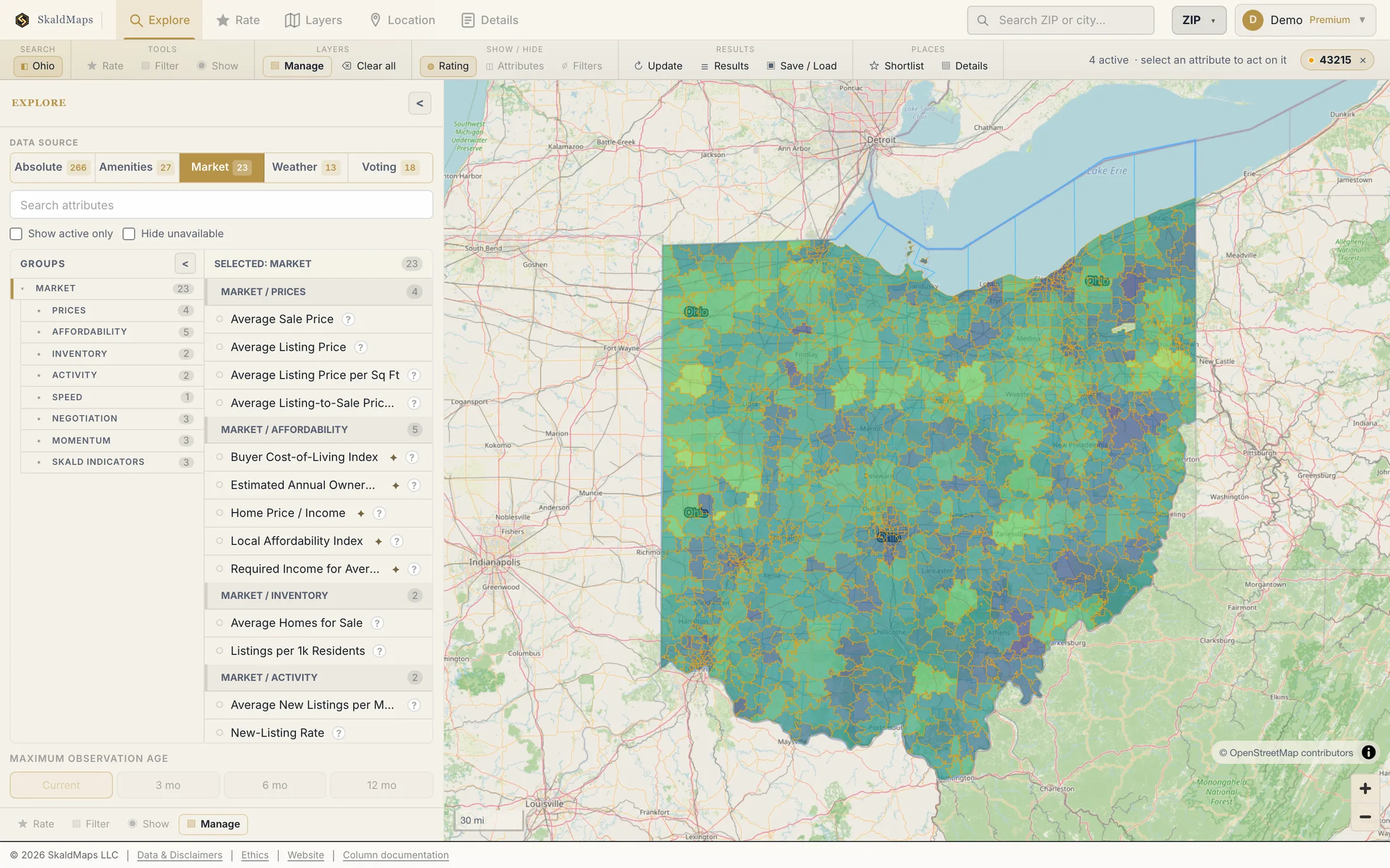 SkaldMaps showing Ohio ZIP codes scored by a sample home-search model for schools, rent, healthcare access, and broadband.