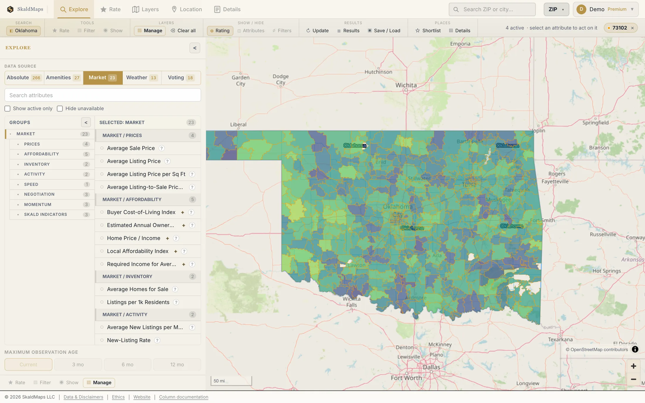 SkaldMaps showing Oklahoma ZIP codes scored by a sample home-search model for schools, rent, healthcare access, and broadband.