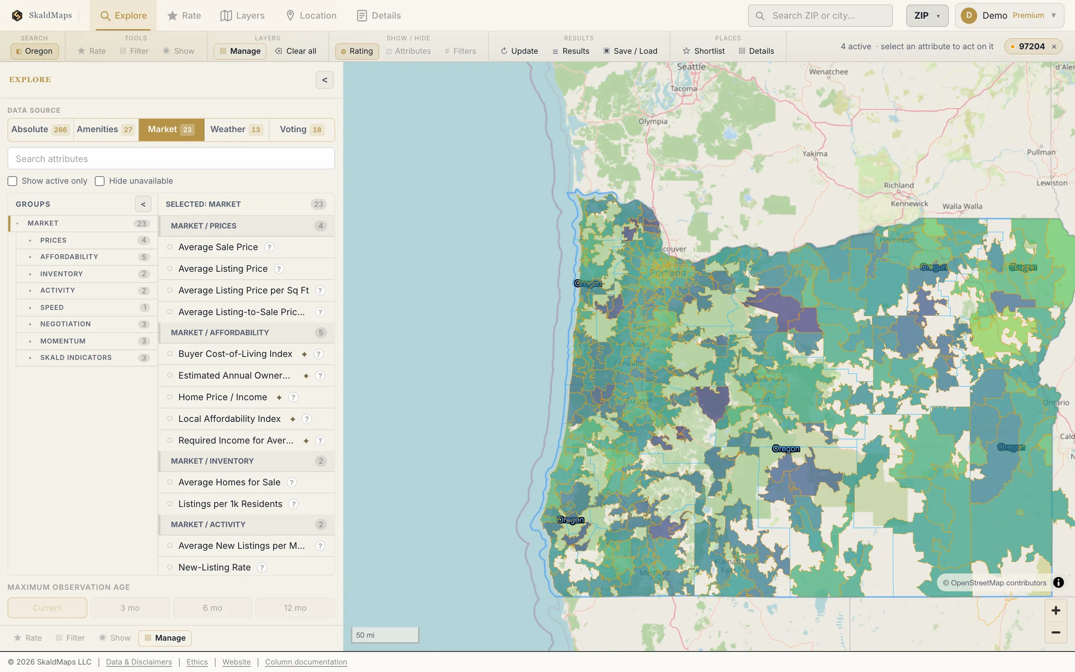 SkaldMaps showing Oregon ZIP codes scored by a sample home-search model for schools, rent, healthcare access, and broadband.